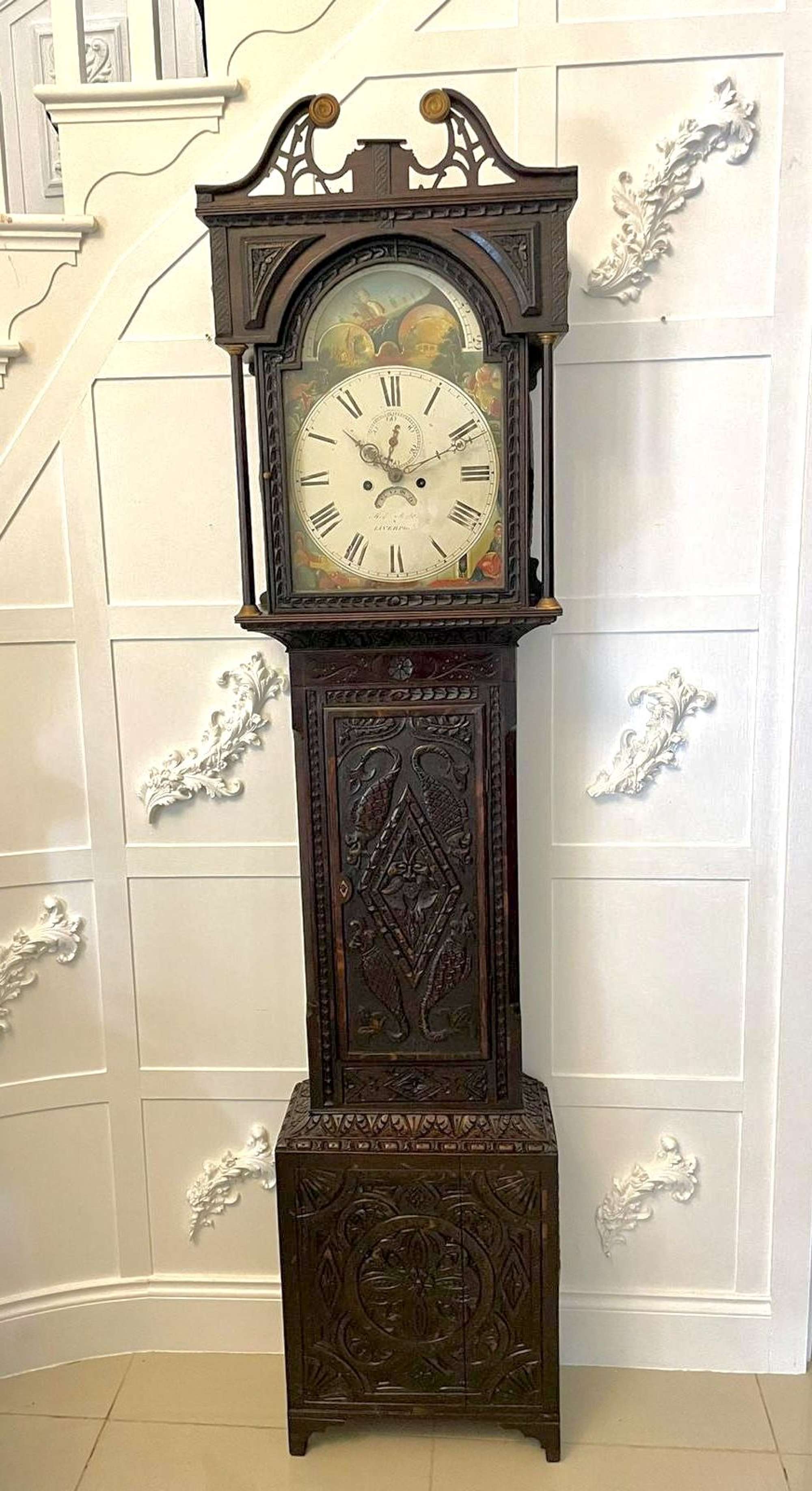Antique George Iii Quality Carved Oak Moon Phase Longcase Clock