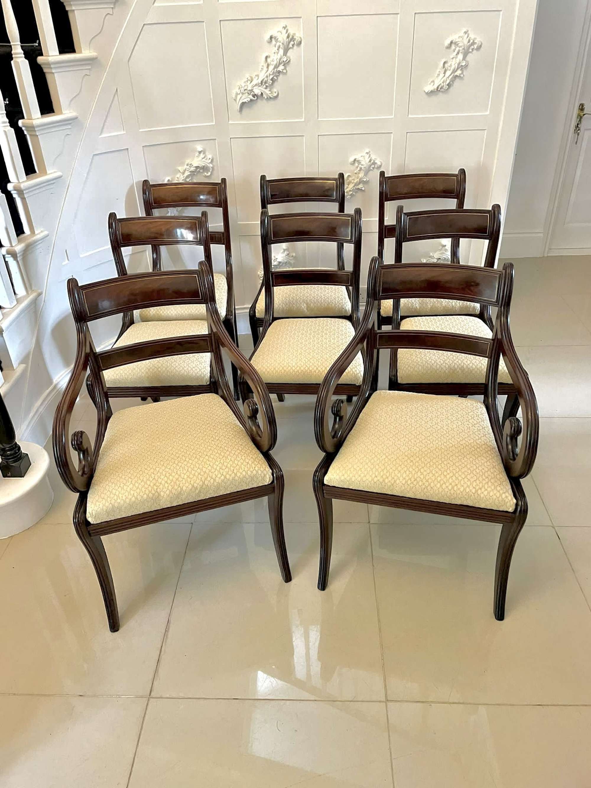 Fine Quality Set Of 8 Regency Mahogany Brass Inlaid Antique Dining Chairs