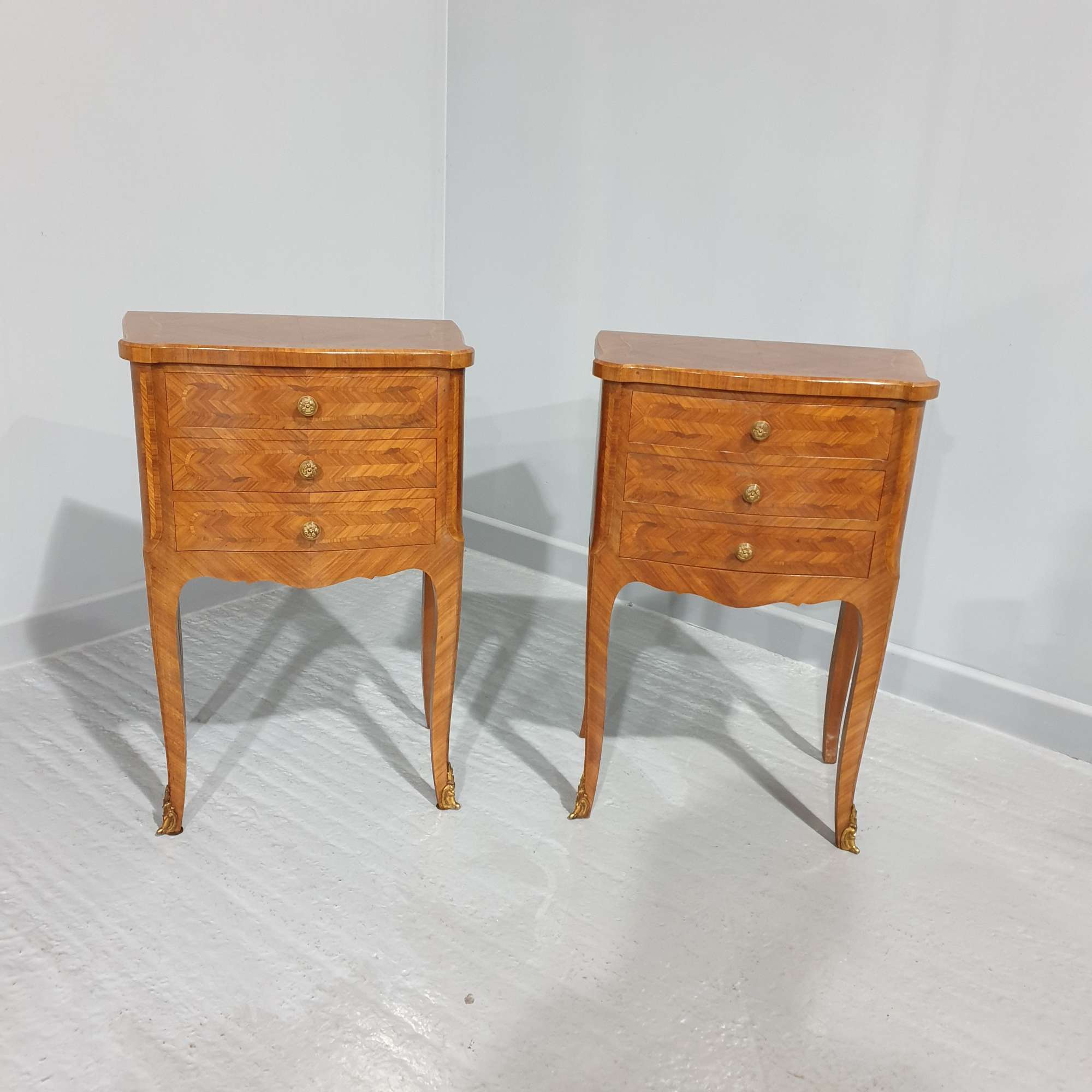 Oversized Pair French Marquetry Bedside Lamp Tables