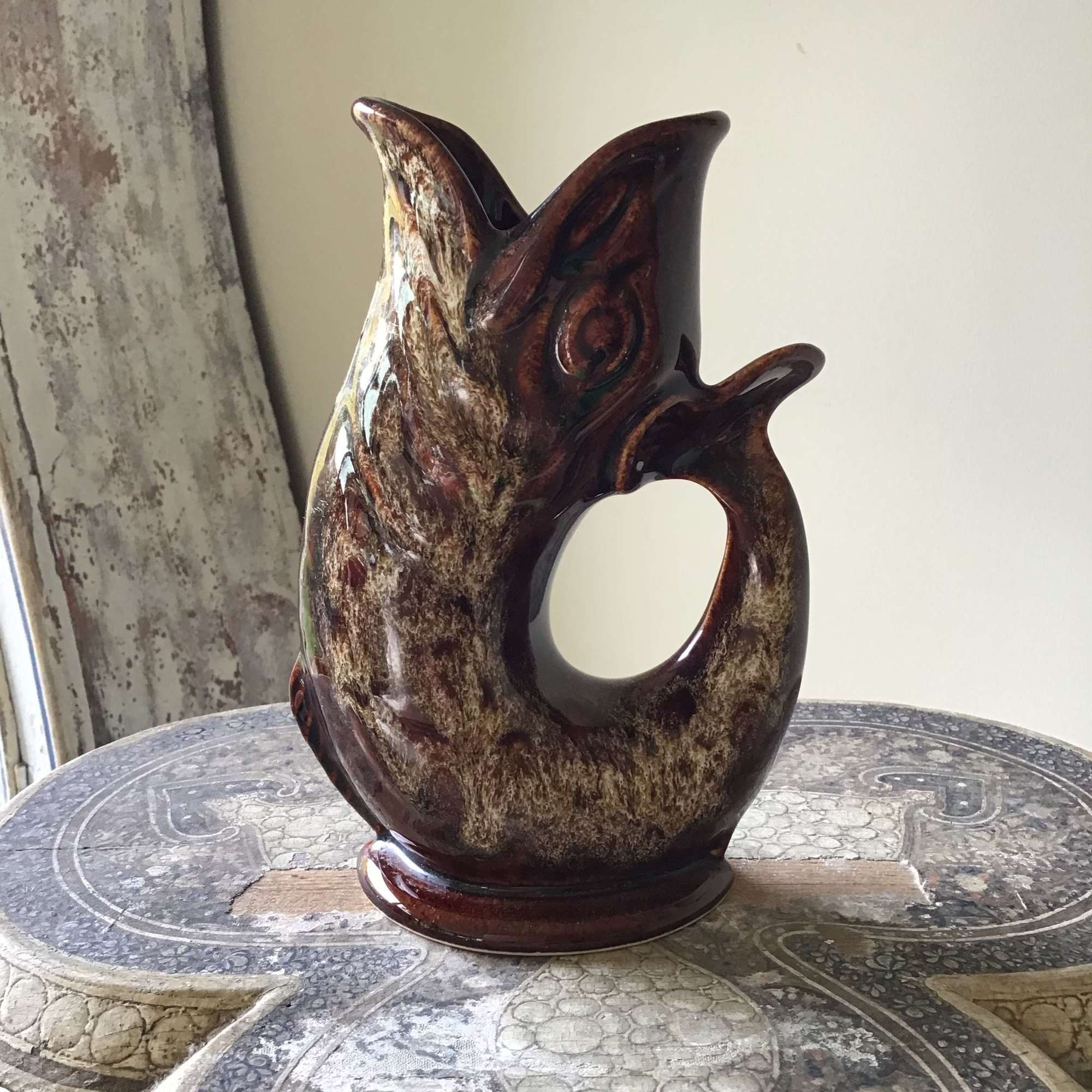 Fosters Studio Cornwall pottery brown gurgle fish jug