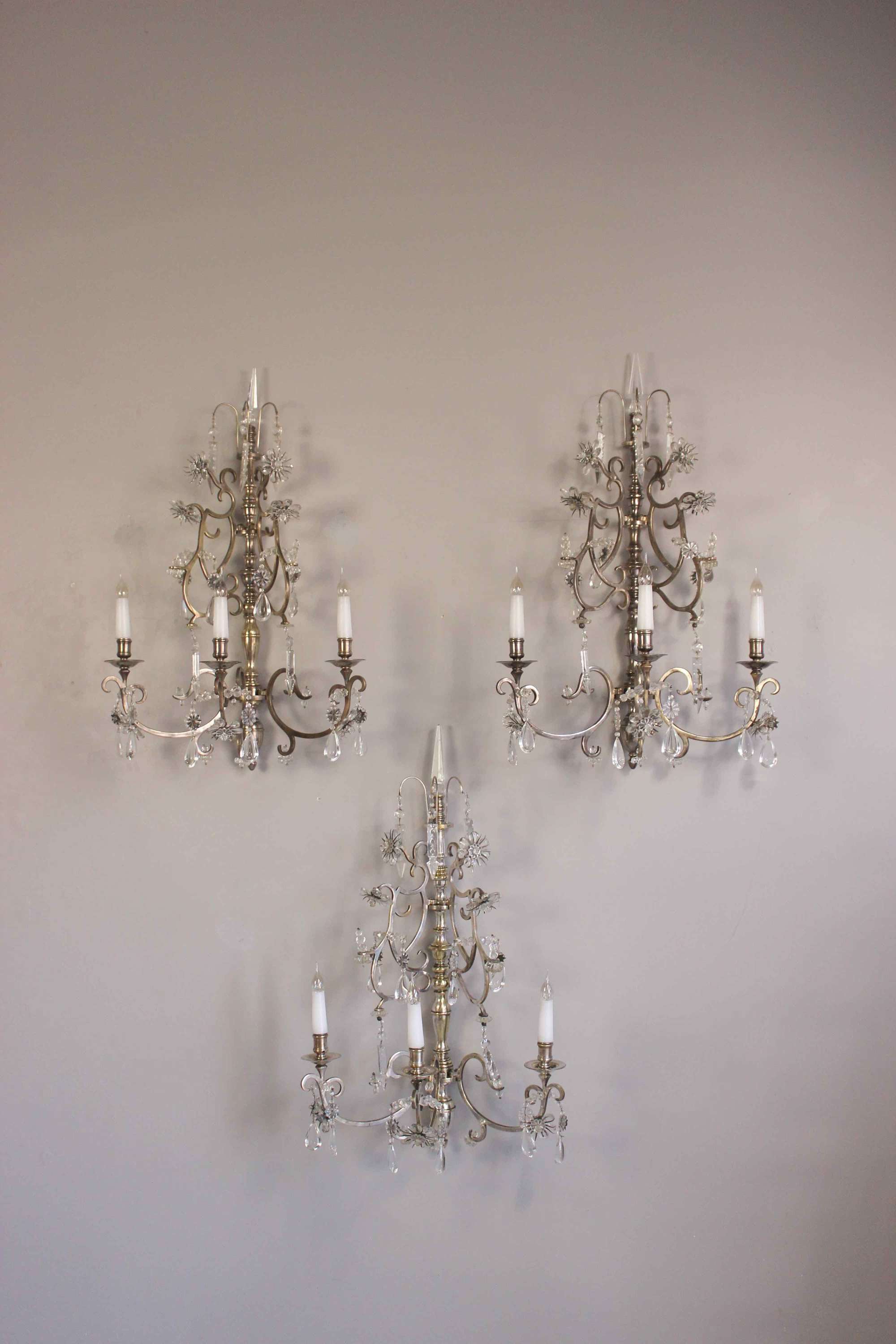 Exceptional Italian large scale three branch  silver gilt sconces