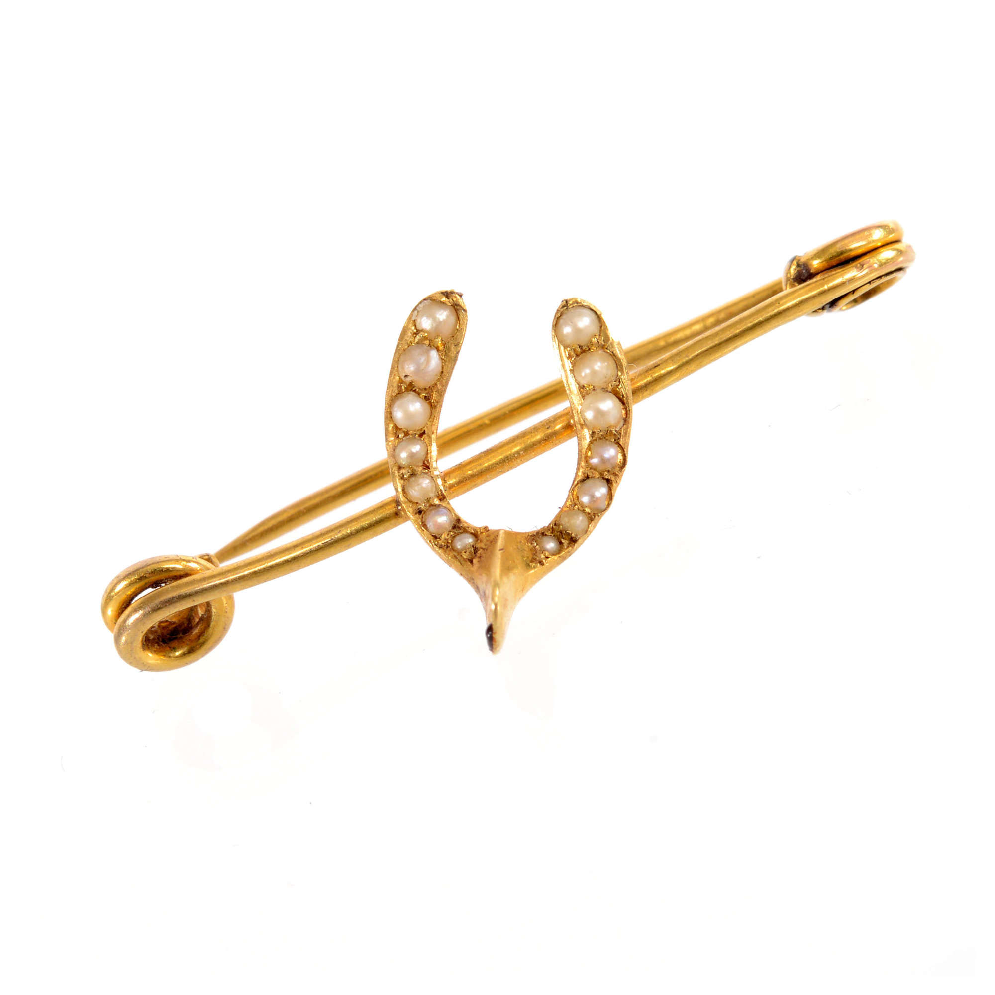 Victorian Gold and Seed-Pearl Lucky Wishbone Brooch