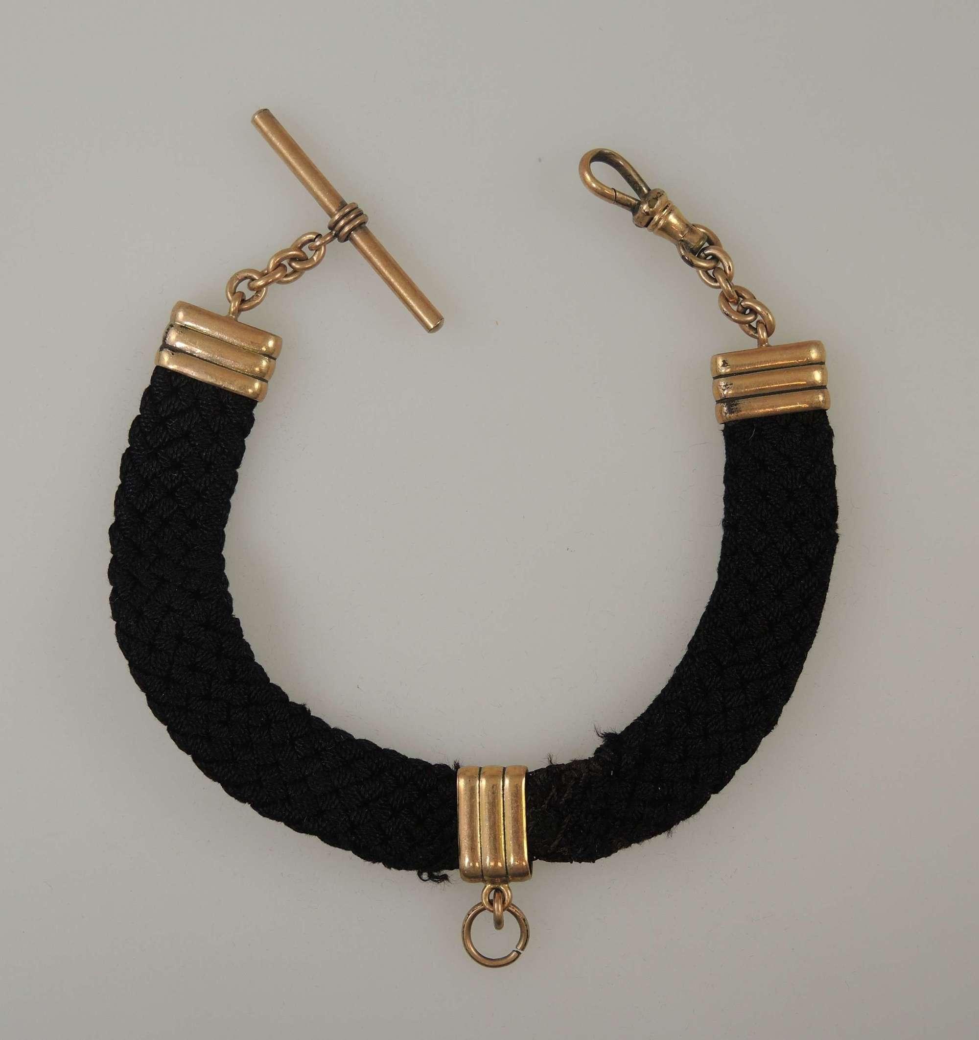 Victorian black fabric and gold plated watch chain c1890