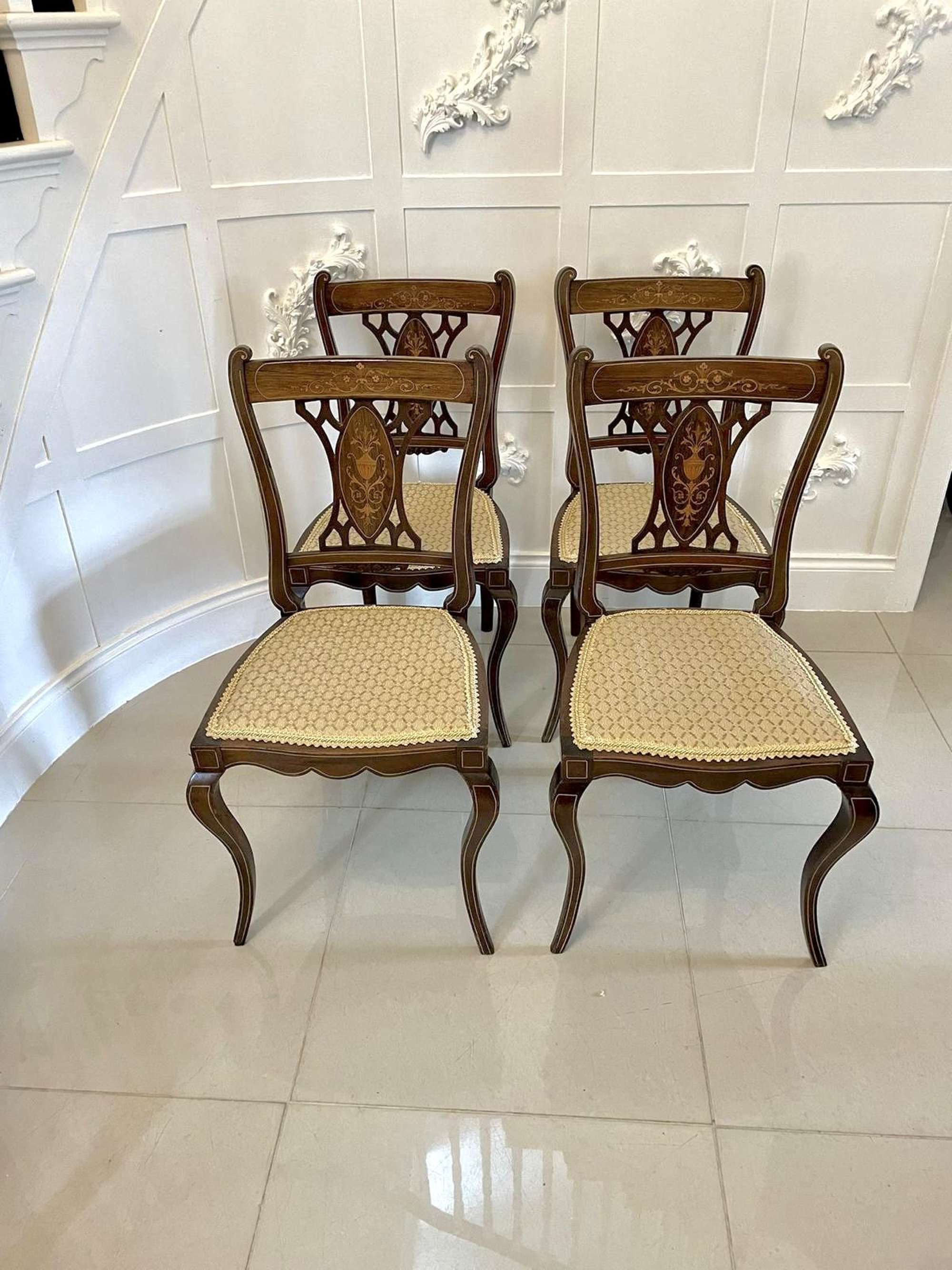 Antique Set Of Four Edwardian Rosewood Inlaid Dining Chairs