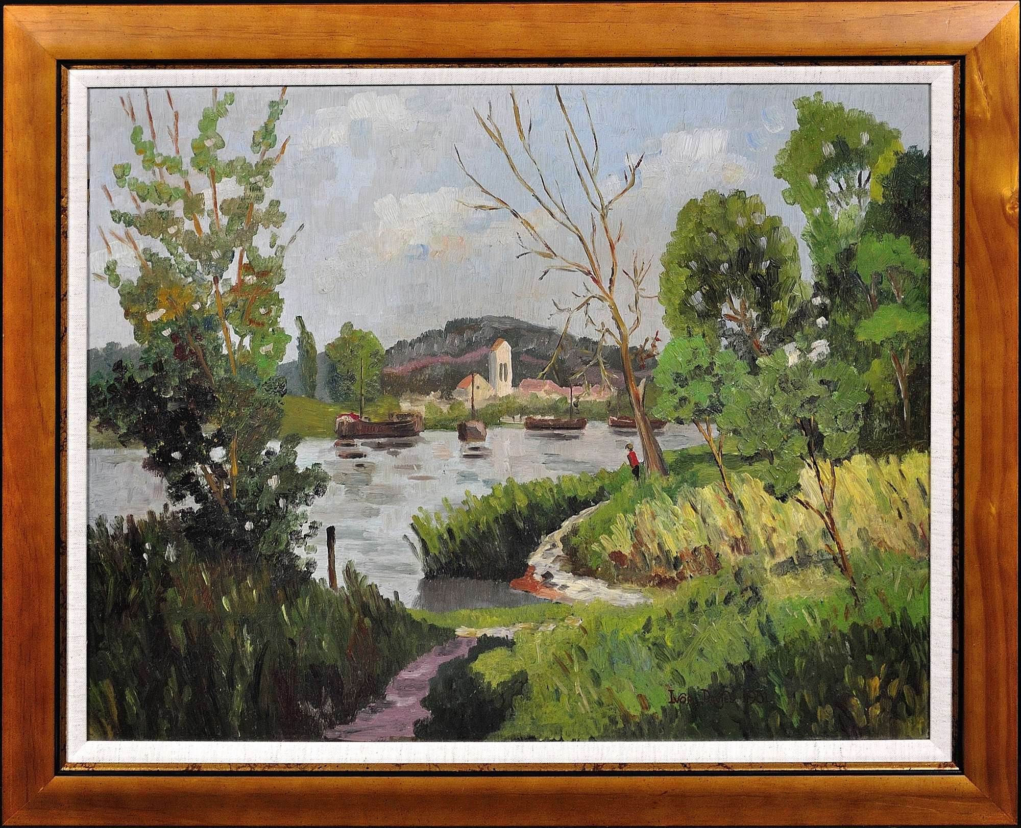 River Landscape – Decorative Mid 20th Century Oil Painting. Signed Ivor Davies, 1961