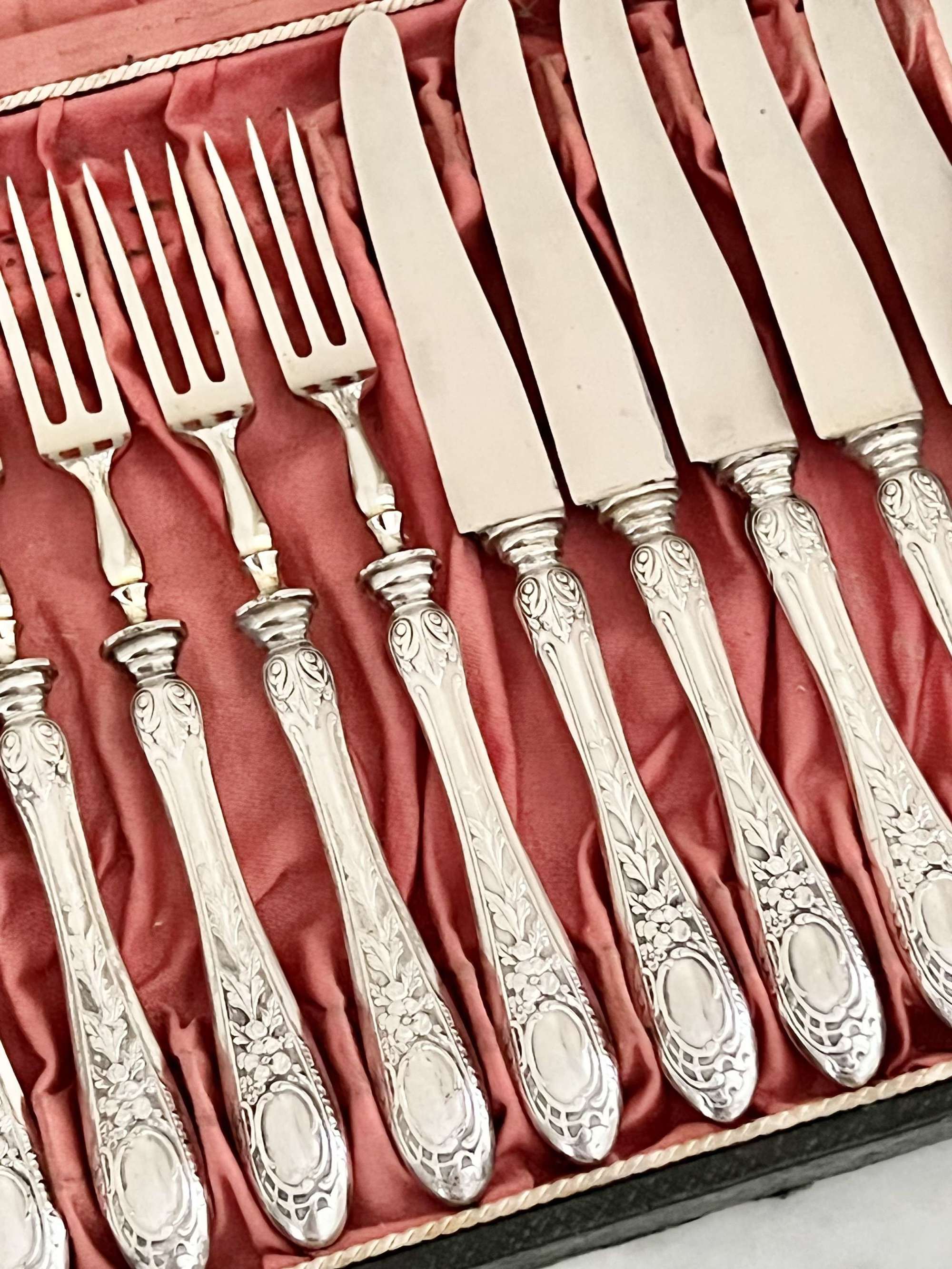 French Belle Époque silver fruit knives & fork set for six guests
