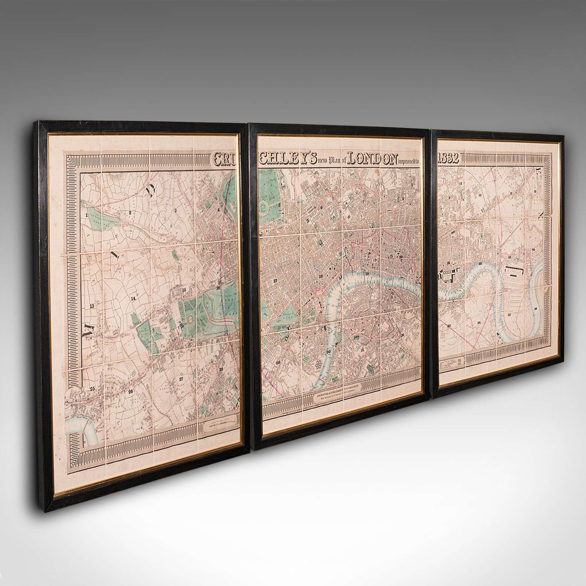 Large 8'6 Antique London Triptych Map, English, Framed, Cartography, Victorian