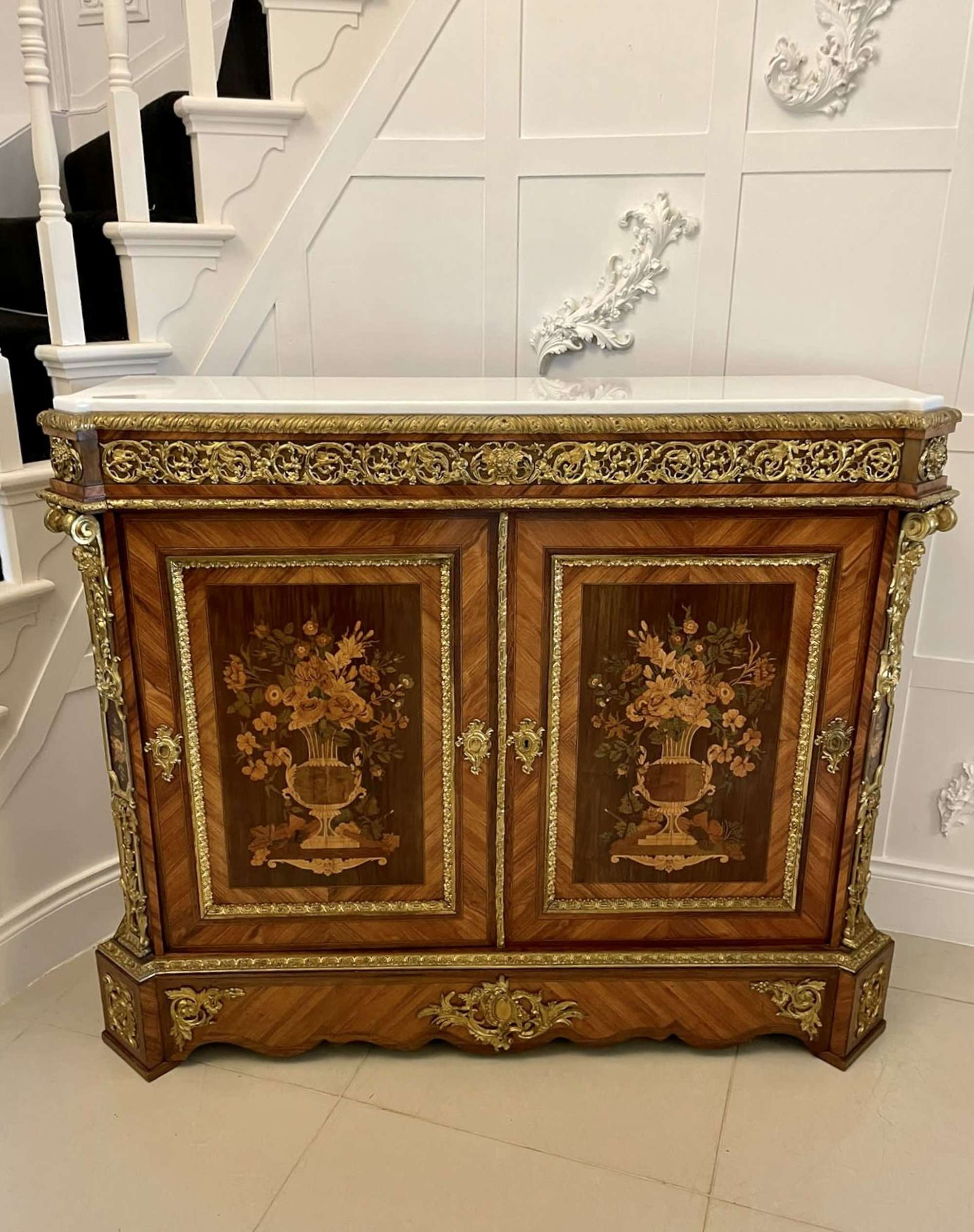Exhibition Quality Antique French Kingwood Floral Marquetry Ormolu Mounted Side Cabinet