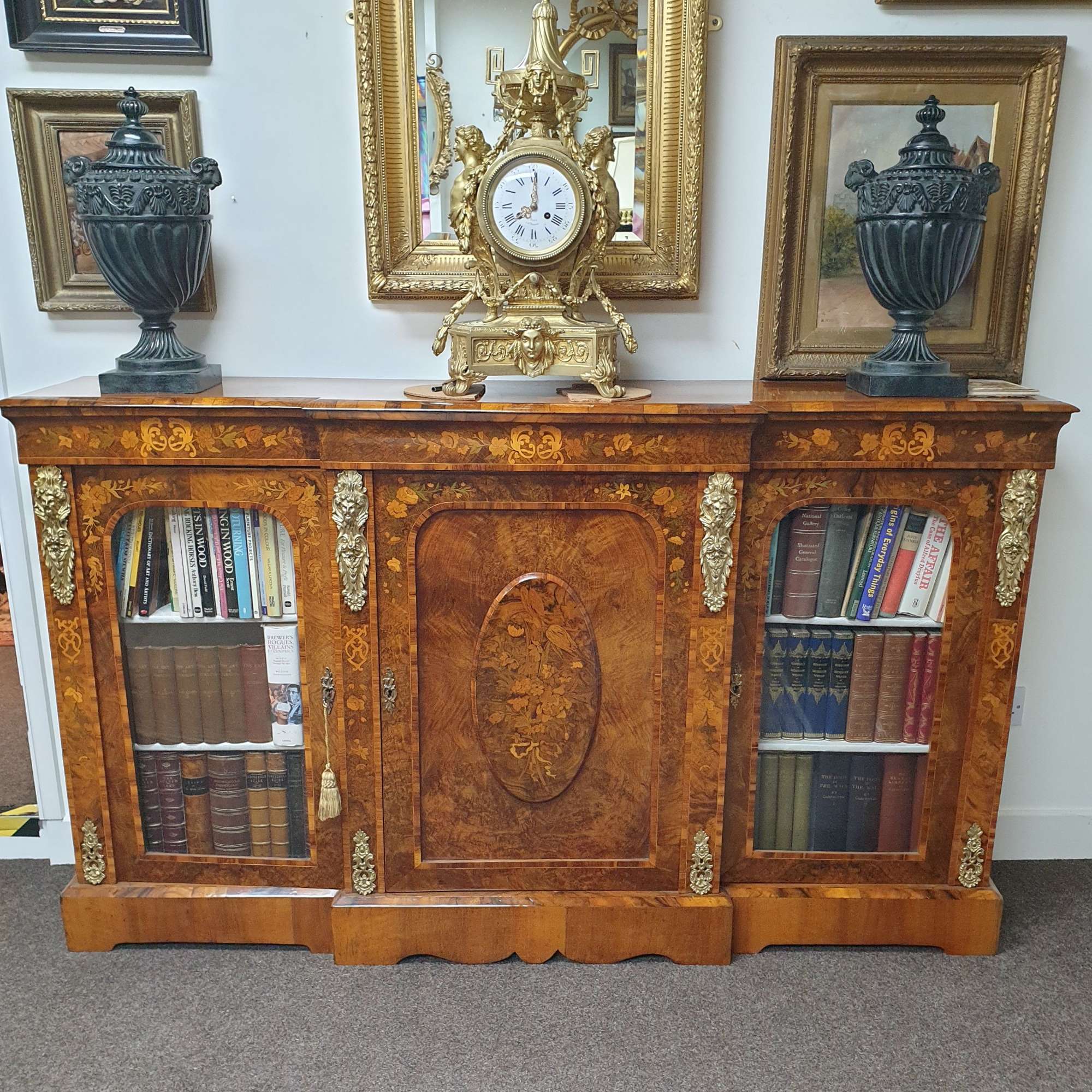 Outstanding Burr Walnut & Marquetry Antique Bookcase Credenza