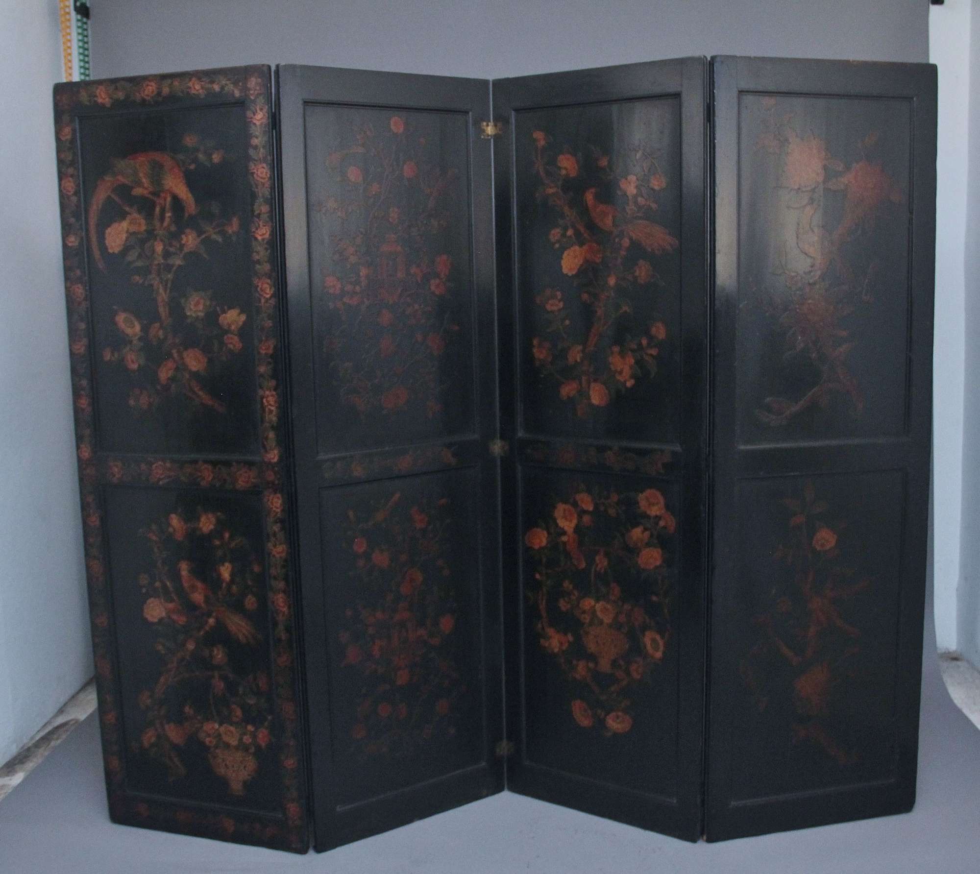 19th Century Chinoiserie And Black Lacquered Four Panel Screen