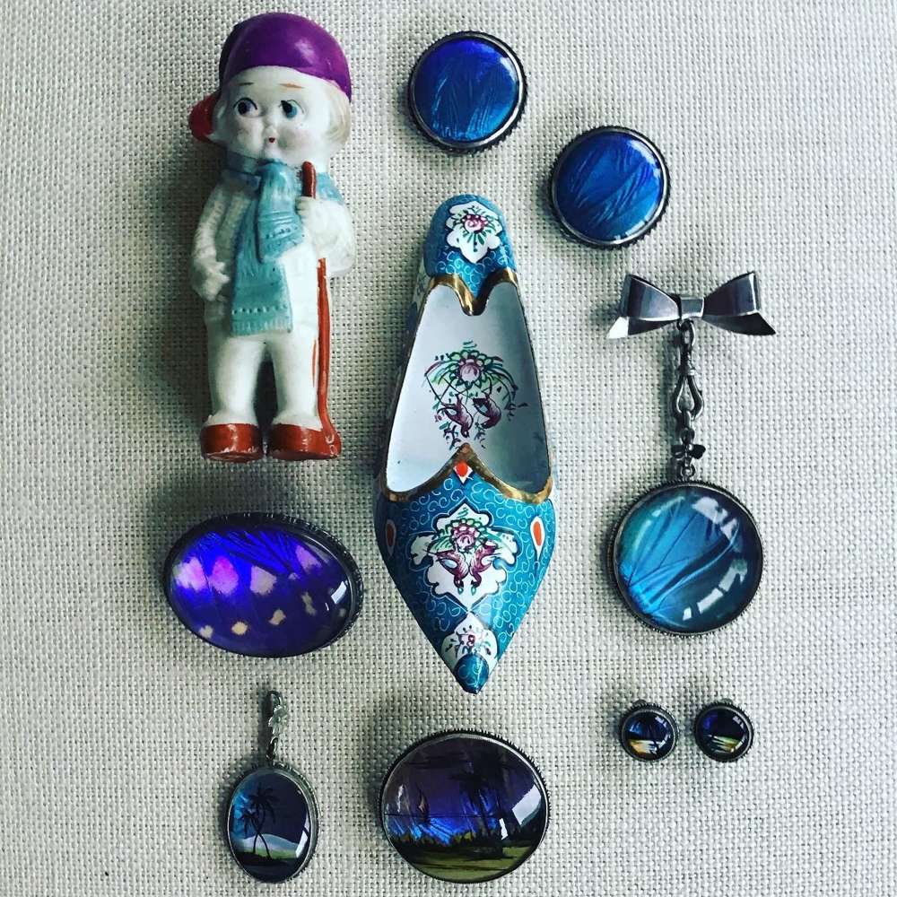 A selection of Art Deco antique Morpho butterfly silver items