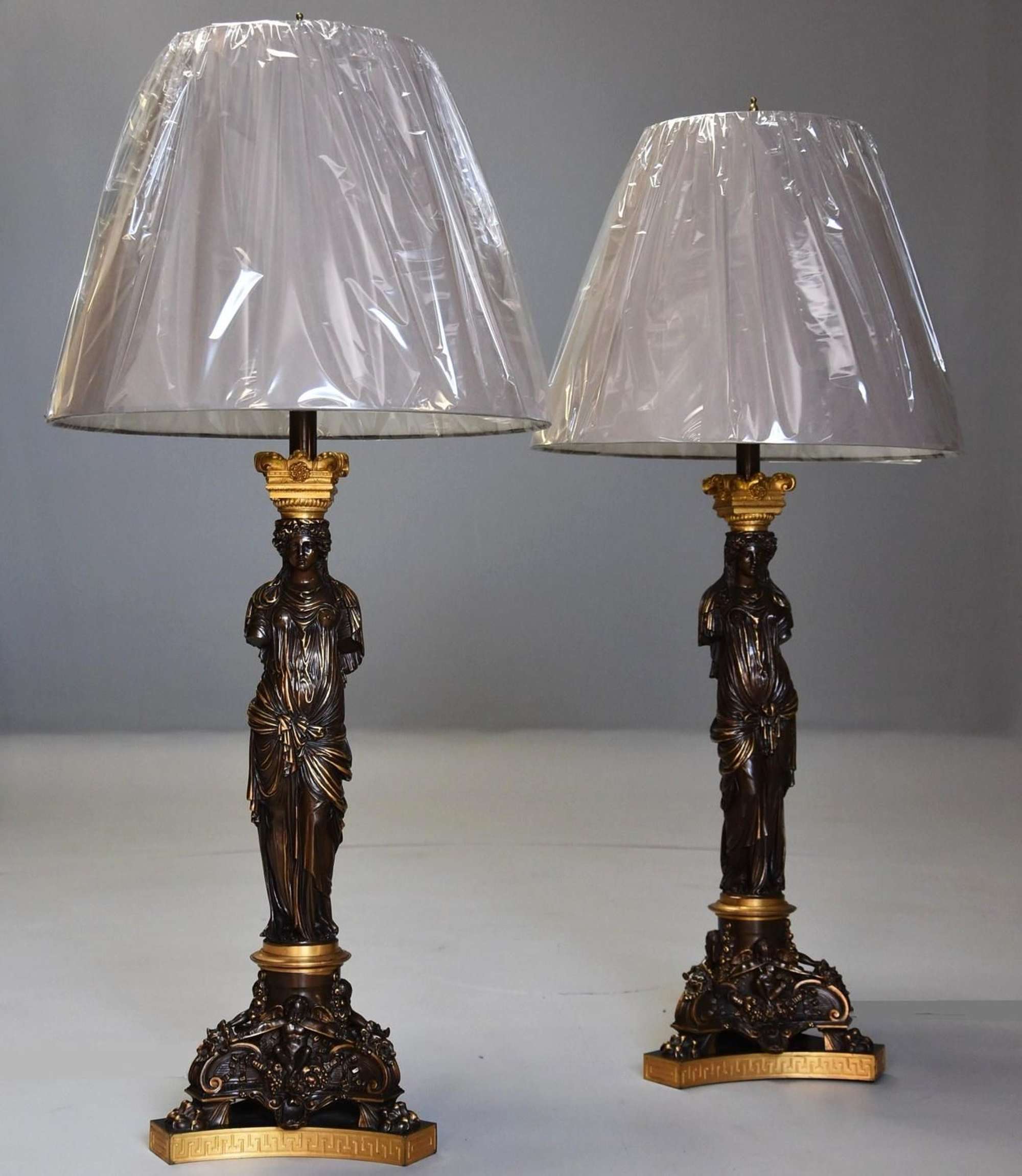 Large pair of superb quality bronze table lamps, signed Barbedienne