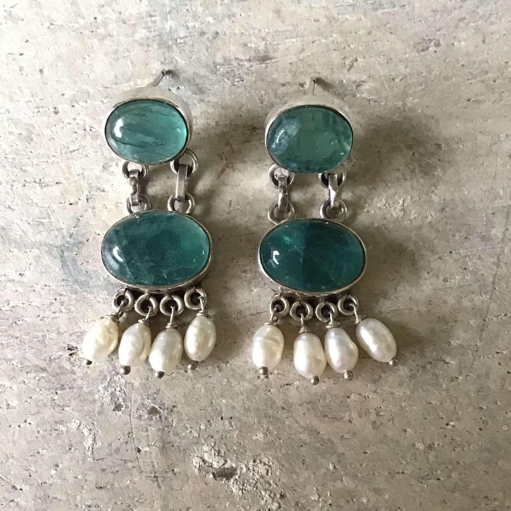 Vintage silver and fluorite and pearl earrings
