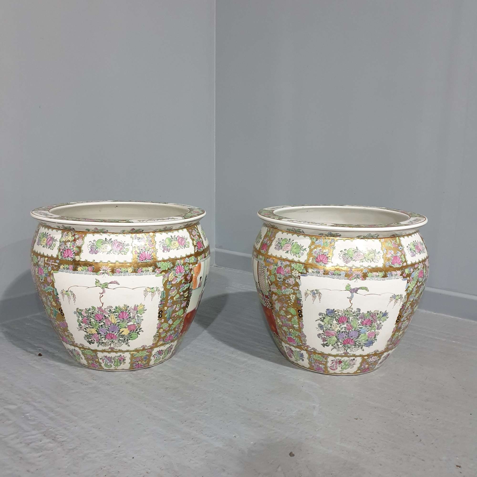 Large Pair Oriental Imari Carp Bowls