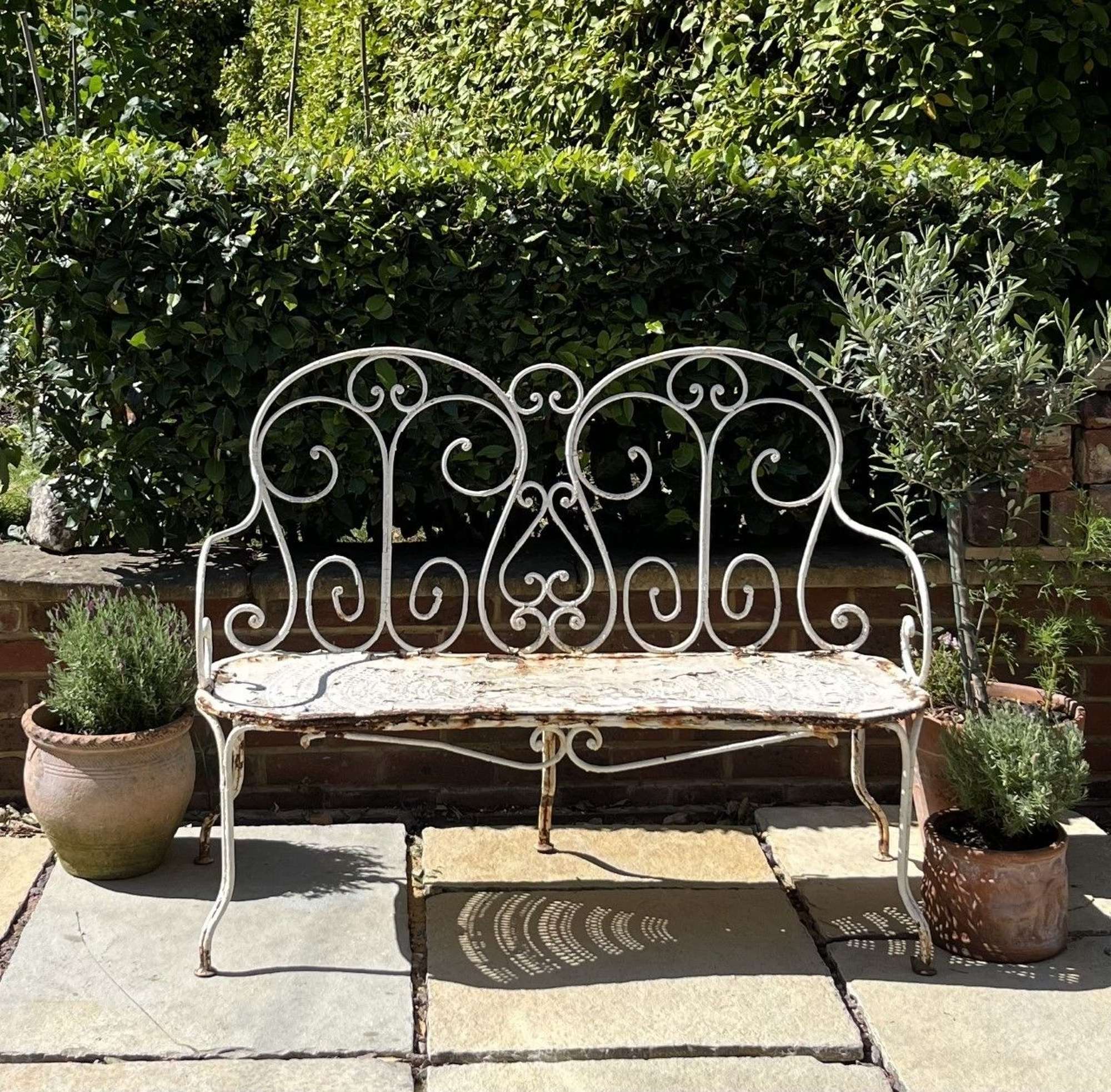 Vintage French White Metal Two Seater Garden Bench