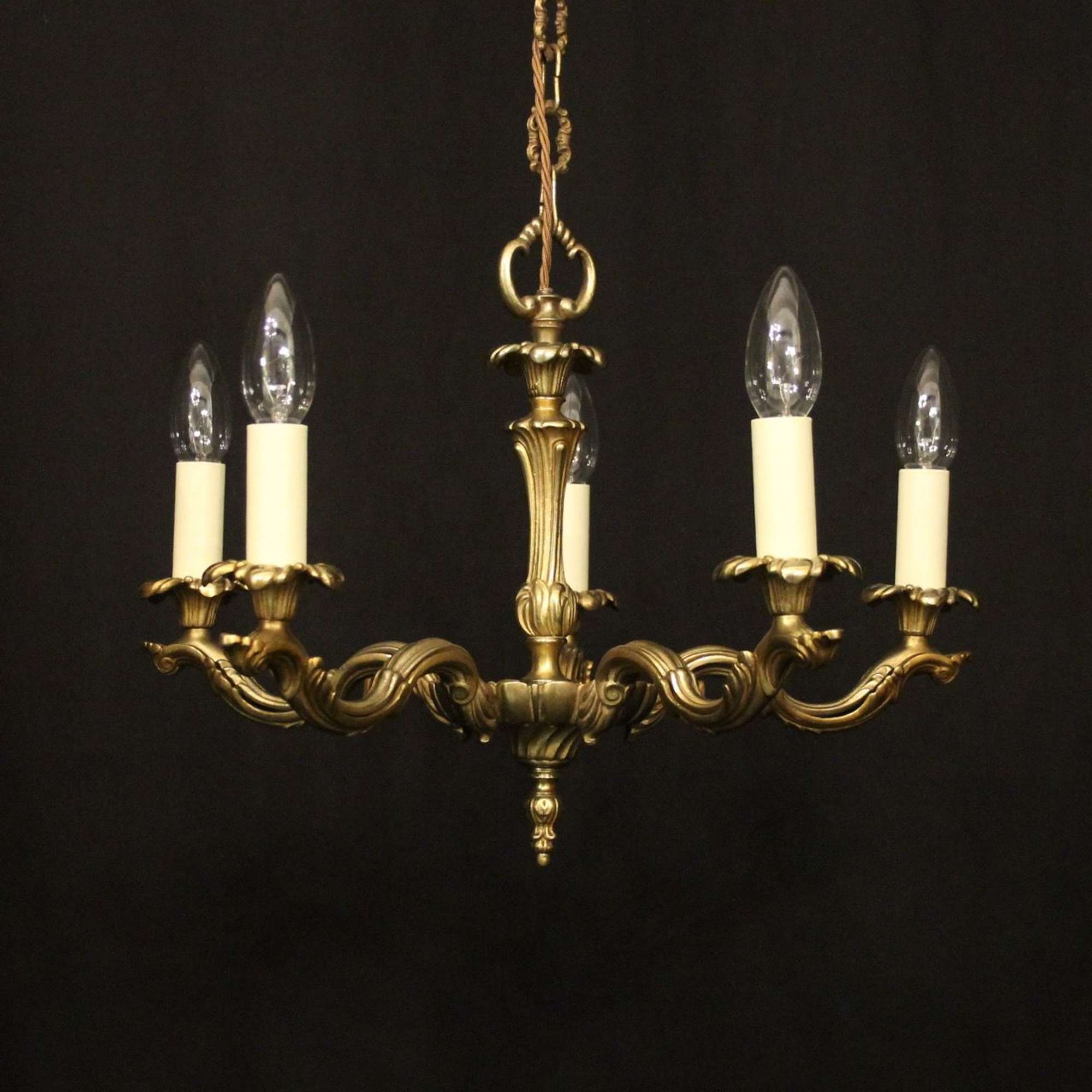 French Gilded Brass 5 Light Antique Chandelier