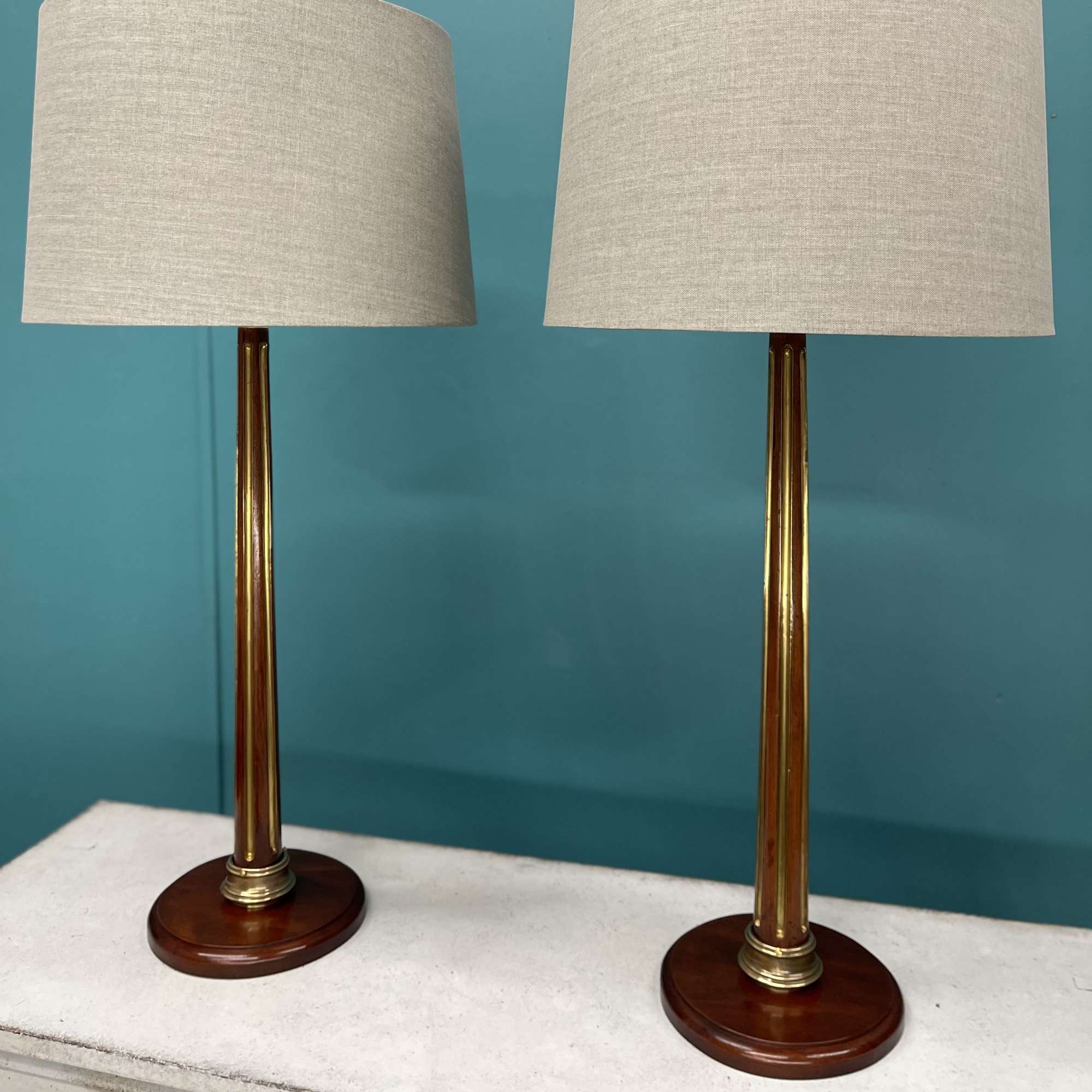 Pair of French brass inlaid column lamps