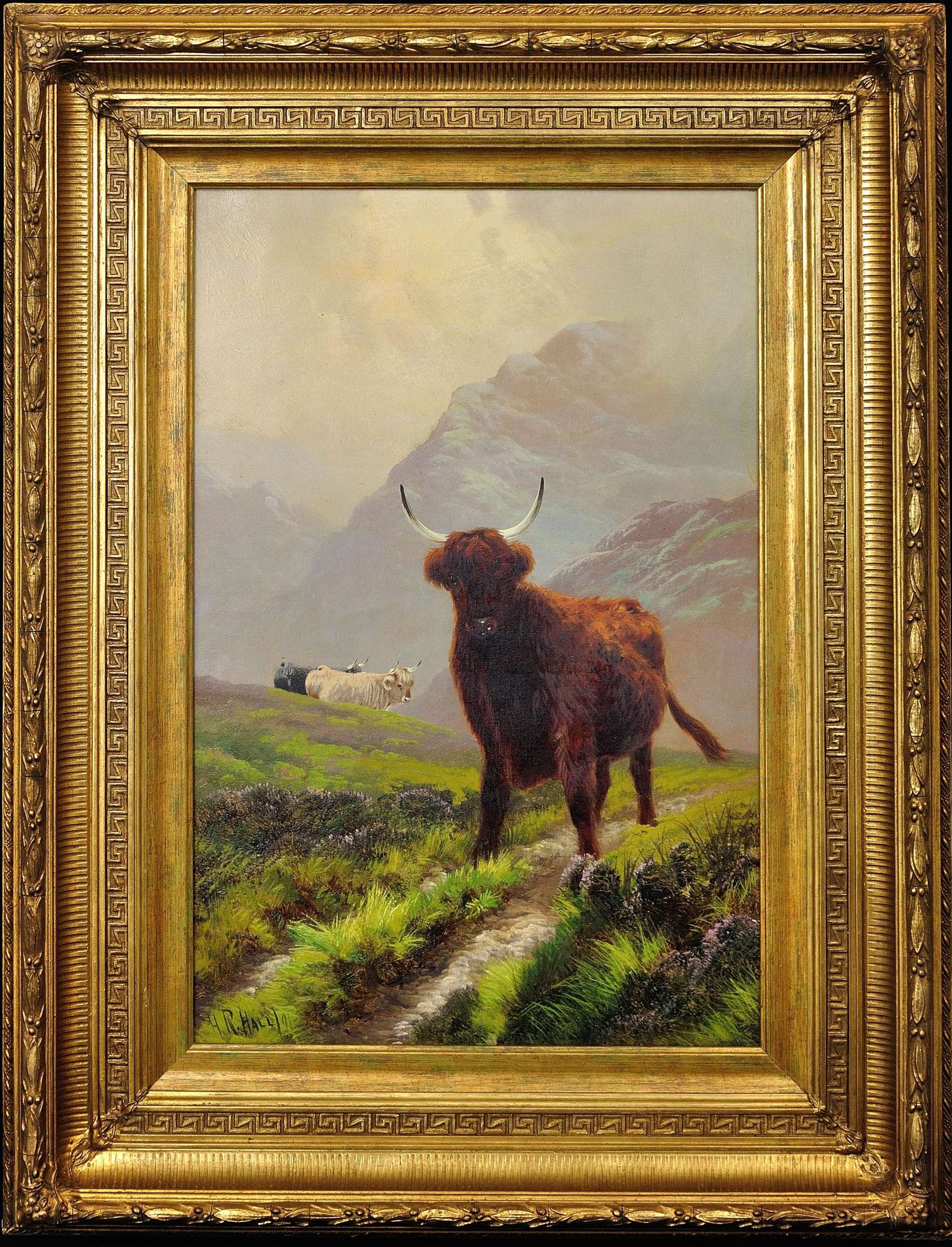 Henry Robinson Hall 1857-1927. Highland Cattle In Scottish Upland Pasture, 1891. Oil.