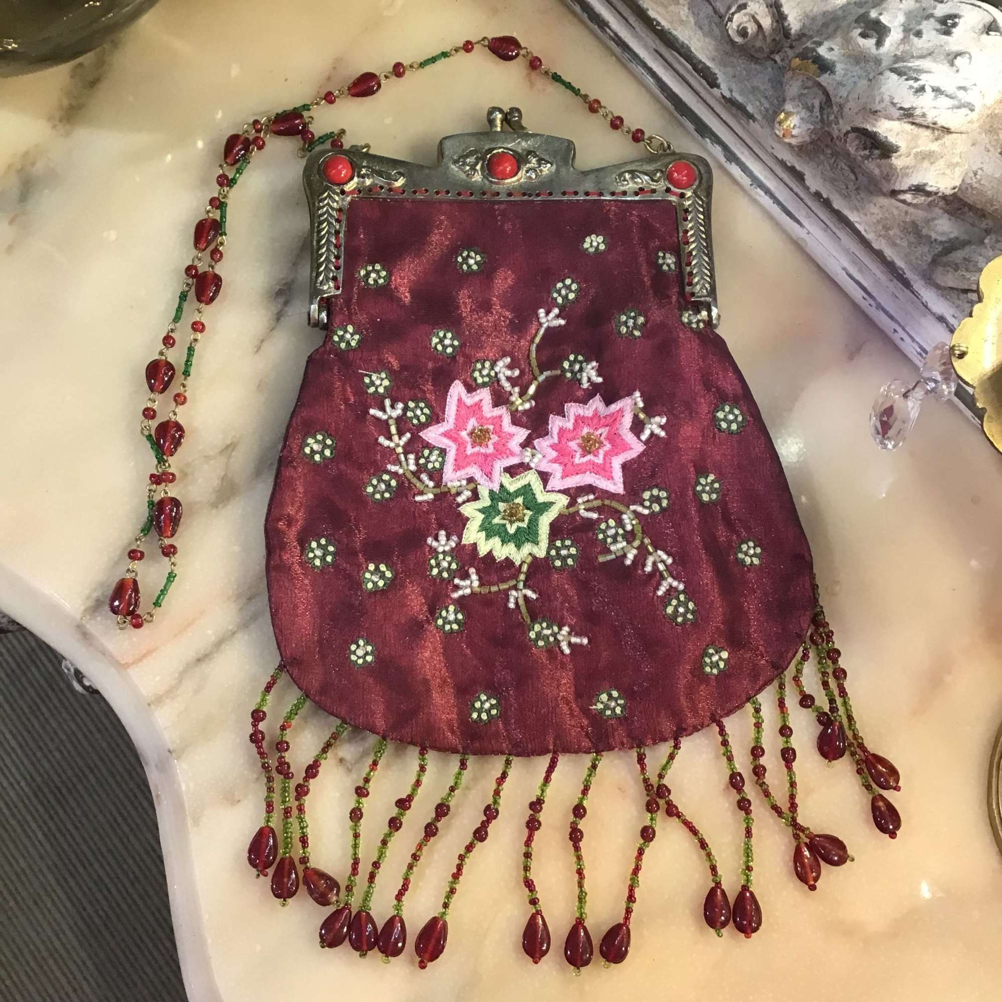Vintage burgundy embroidered, beaded and tasselled bag