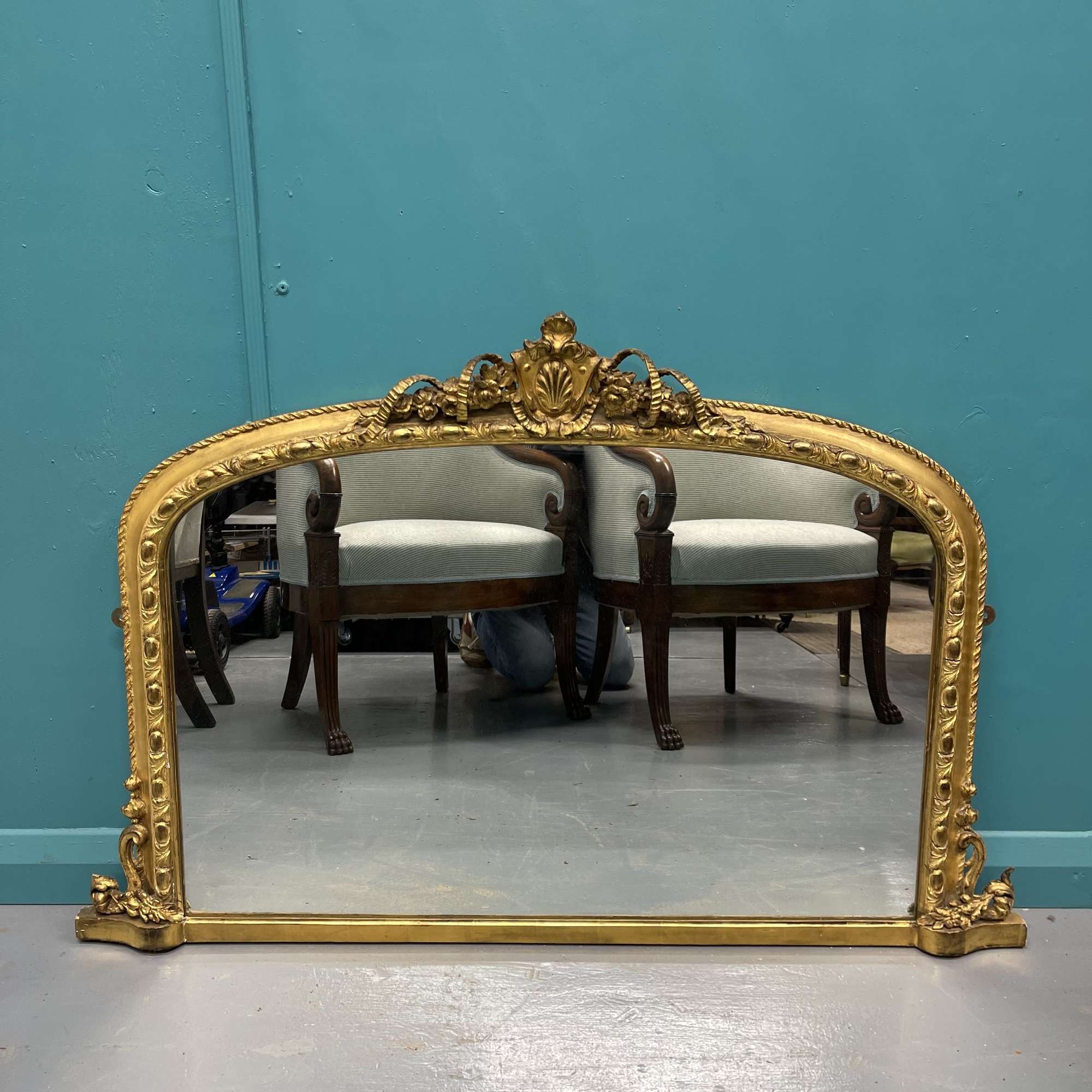 Victorian Gilt Antique Overmantle Mirror With Ribbons