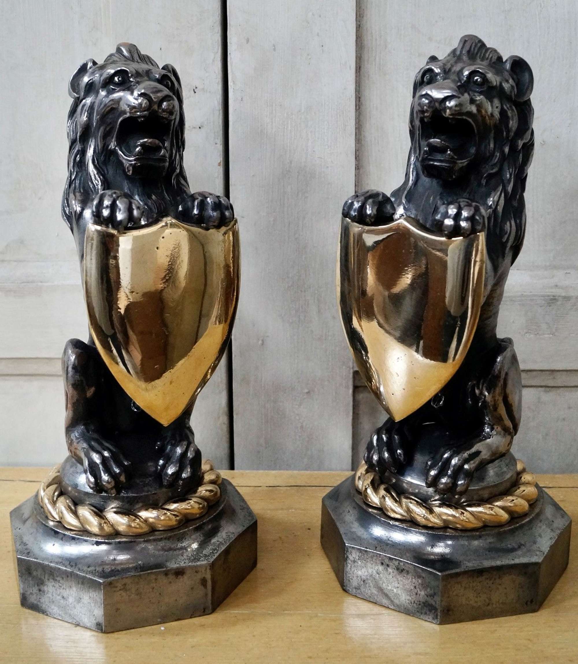 Victorian Cast Iron Lions With Bronze Shields