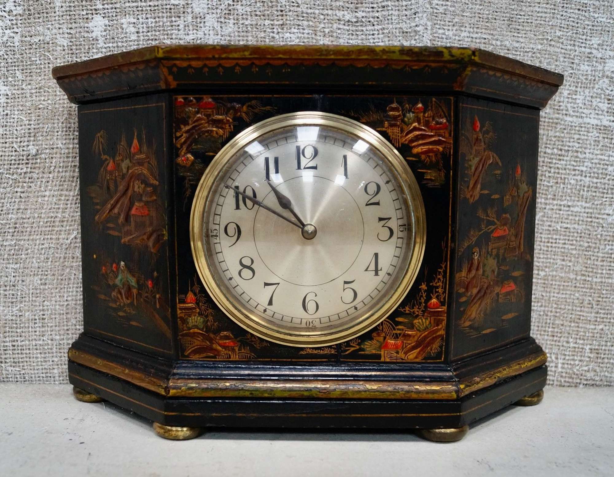 Art Deco Black Chinoiserie Mantel Clock