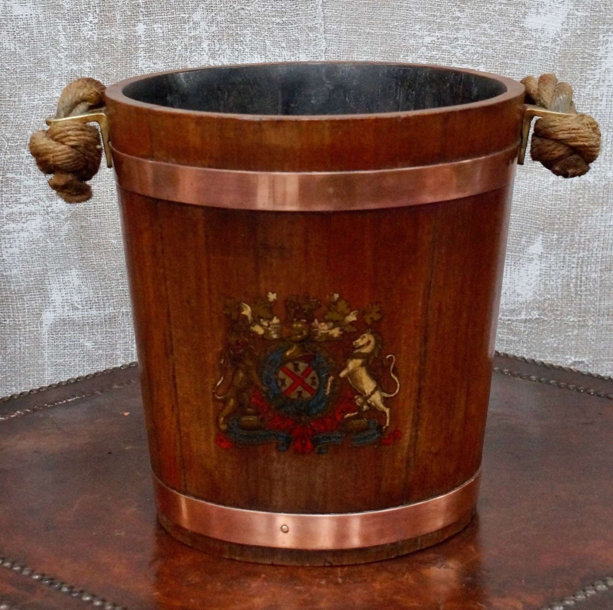 19th Century Naval Oak Fire Bucket With Royal Cres