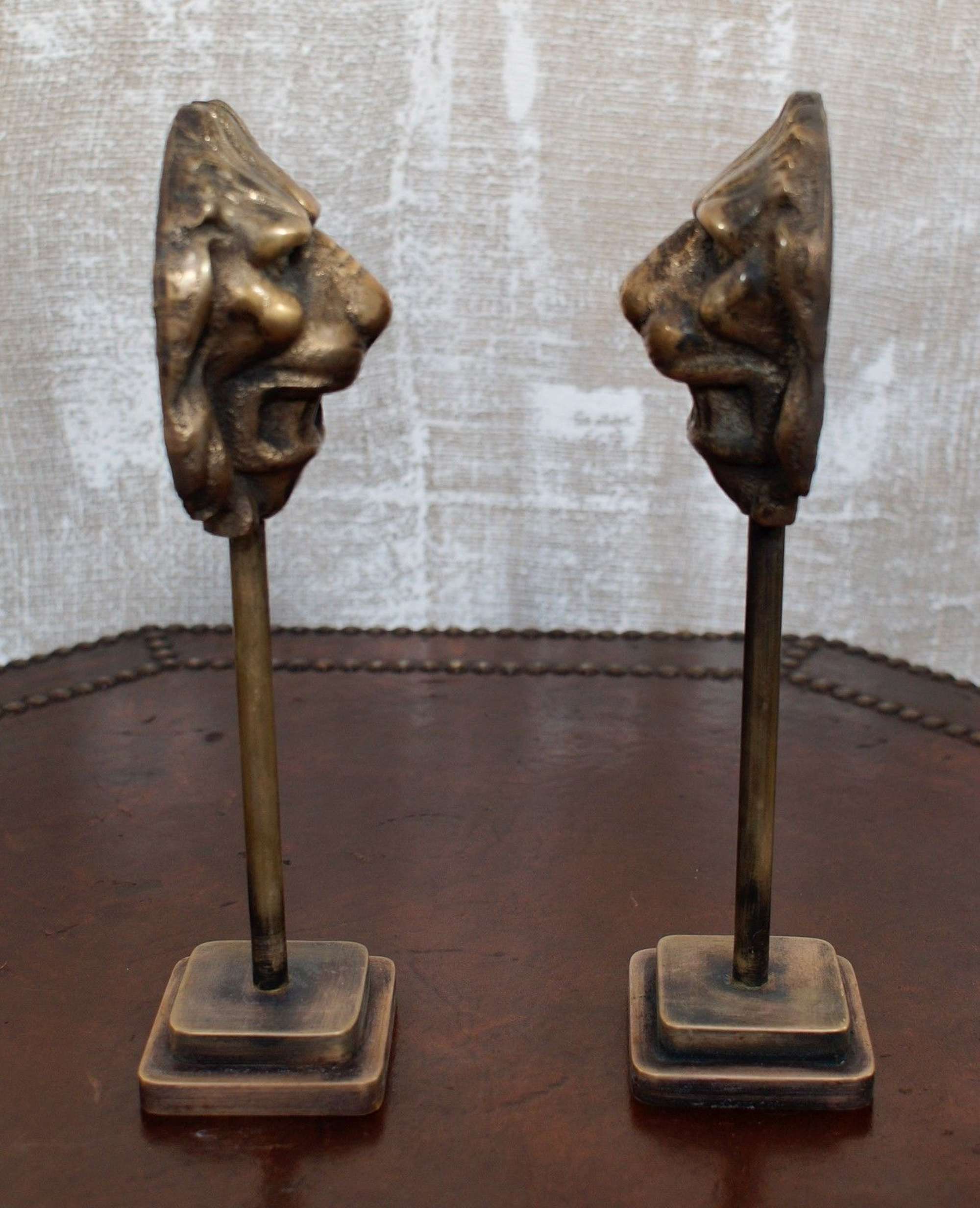 Pair of 19th Century Bronze Lion Masks on Stand