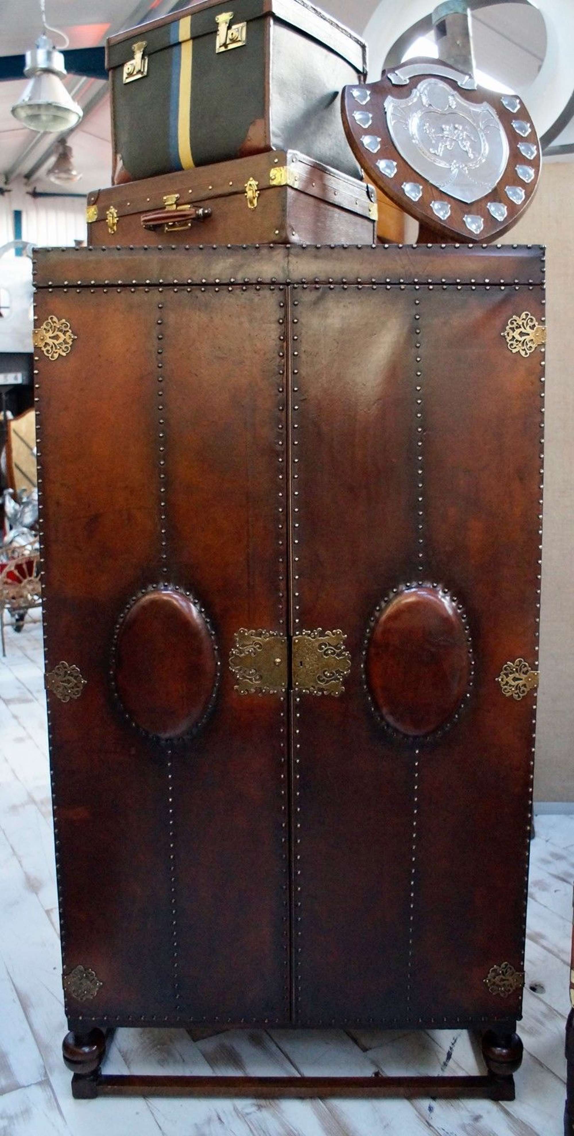 Victorian Oak & Leather Bound Wardrobe.