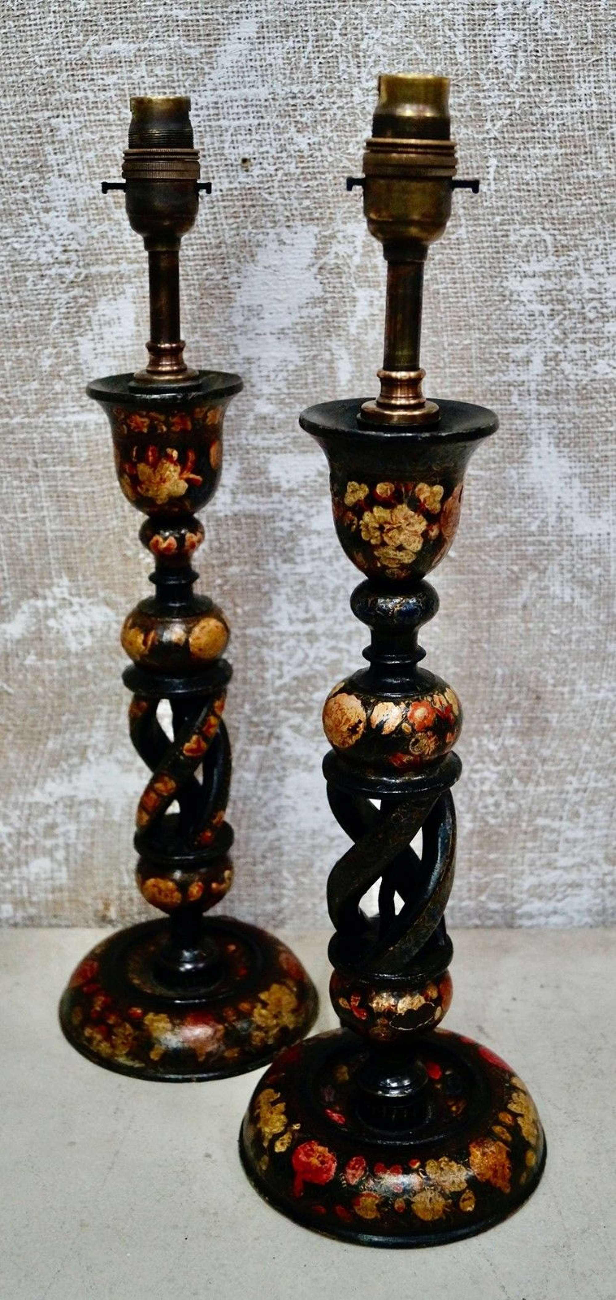 A Pair of Antique Kashmiri Candlestick Table Lamps