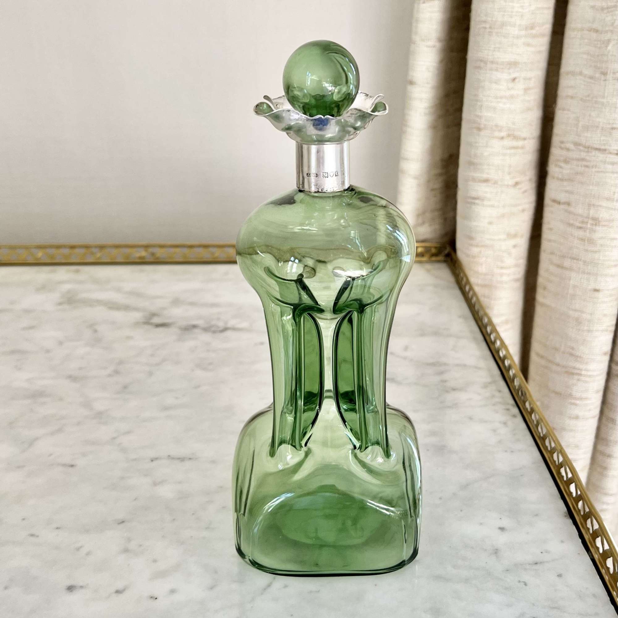Stunning Victorian Silver Collared ‘Glug Glug’ green glass decanter