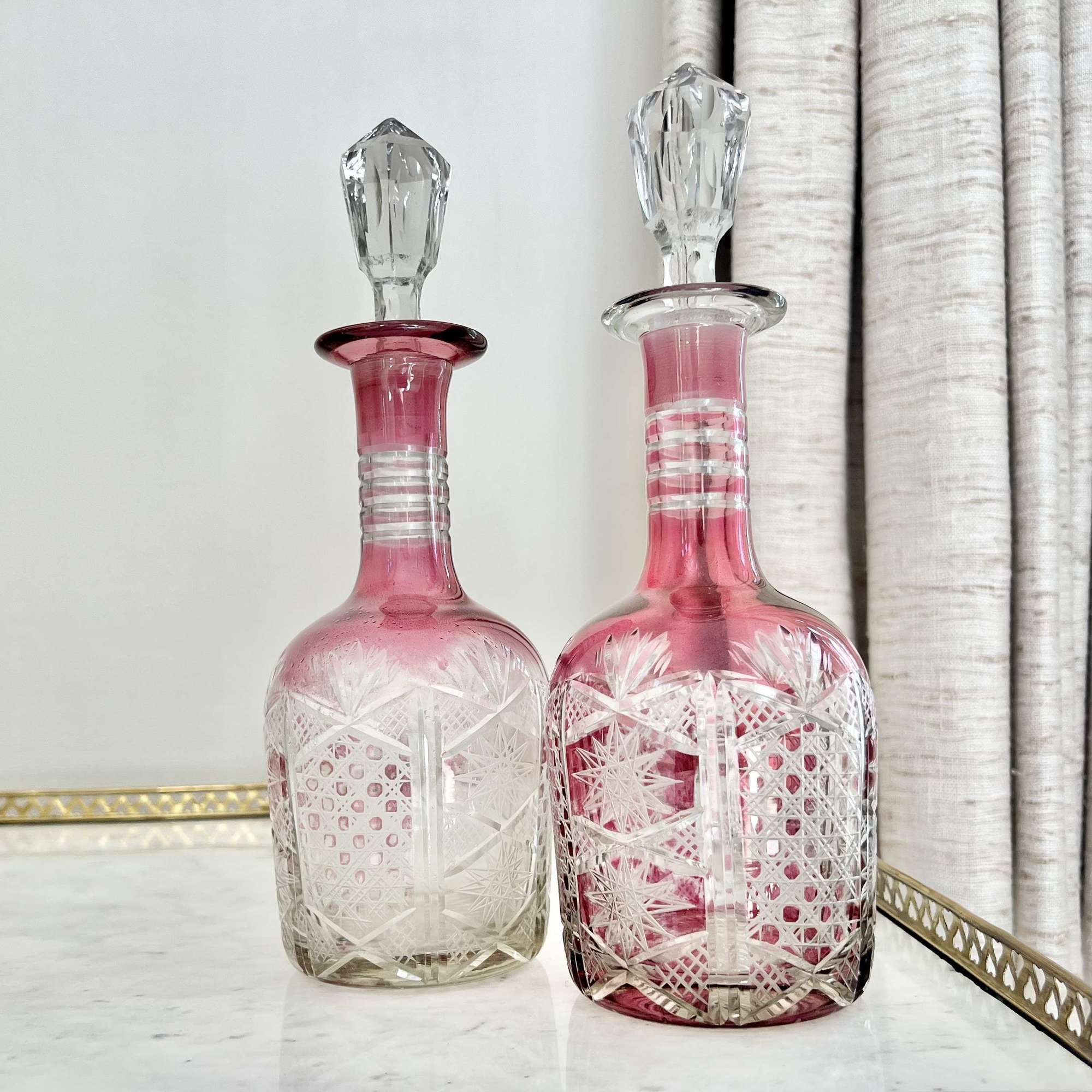 Pretty Pair Of antique Pink Cut To Clear Glass Decanters