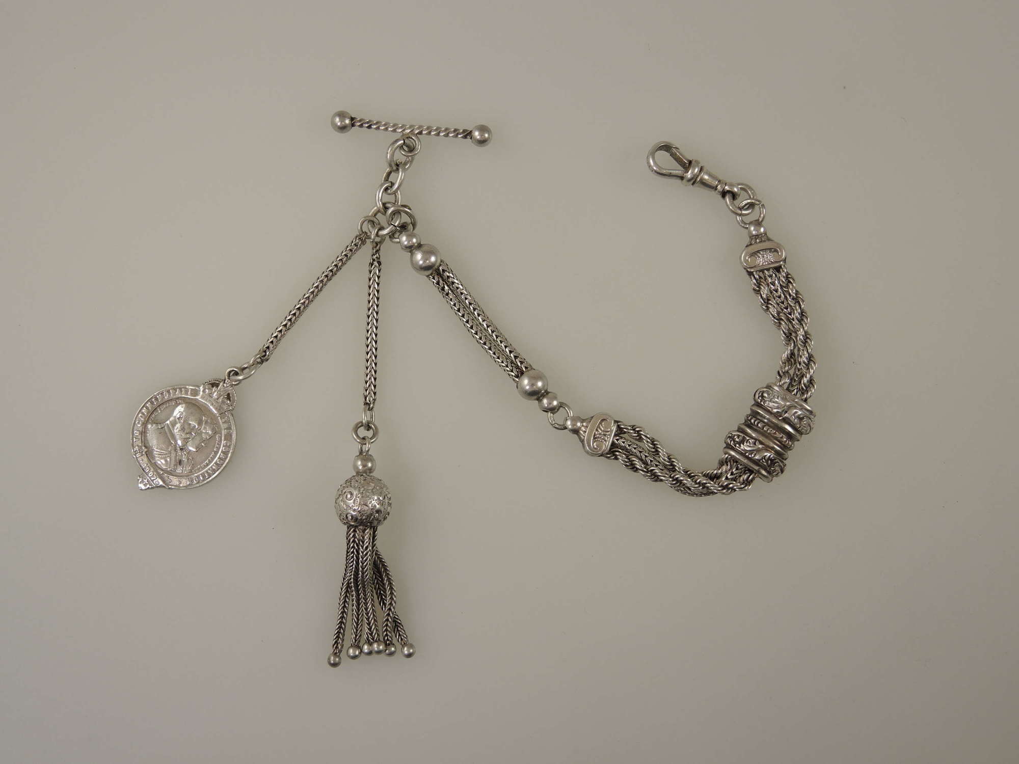 Edwardian silver pocket watch chain with Coronation fob c1902