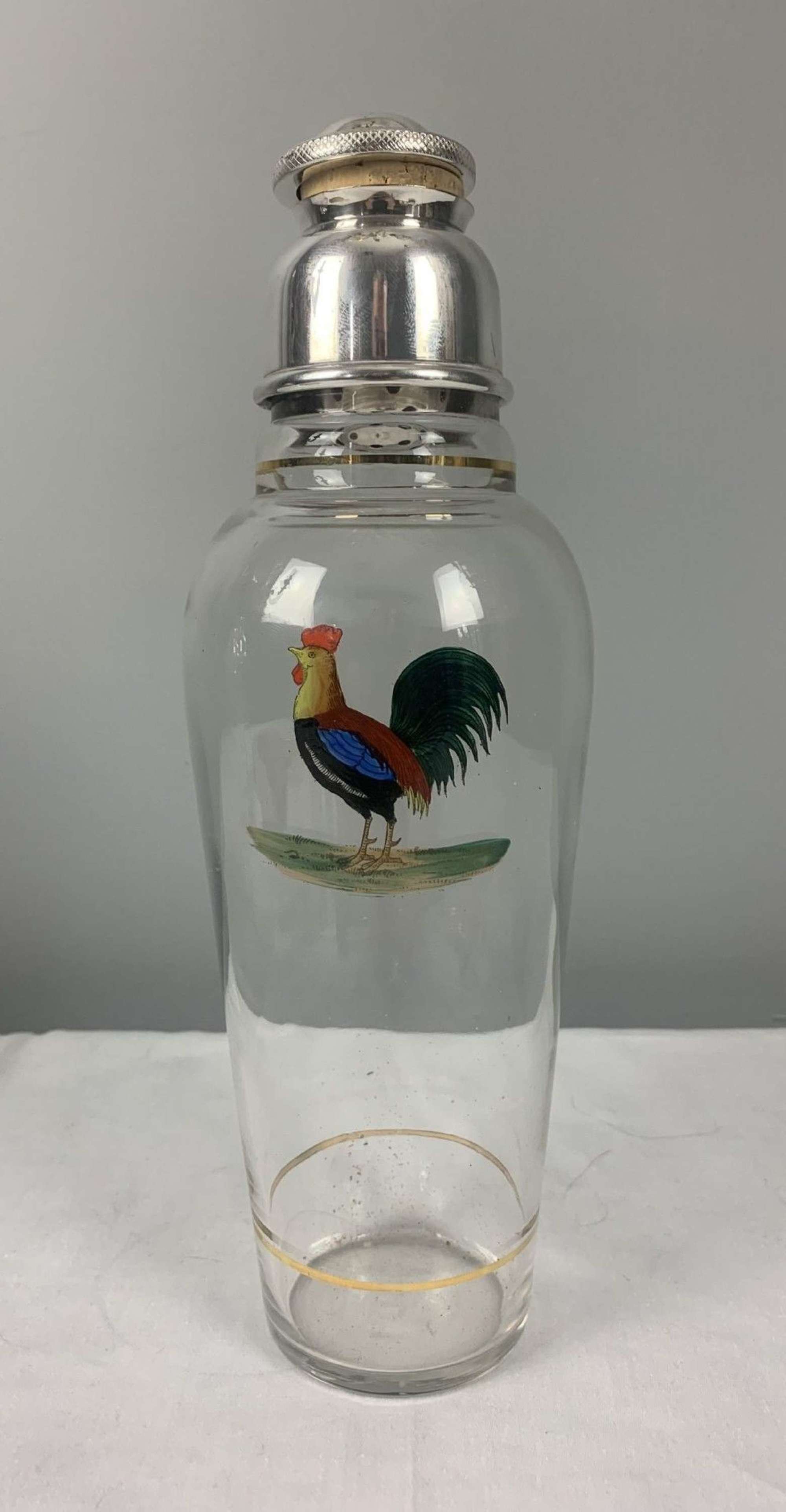 Art Deco Glass Cockerel Silver Plated Cocktail Shaker