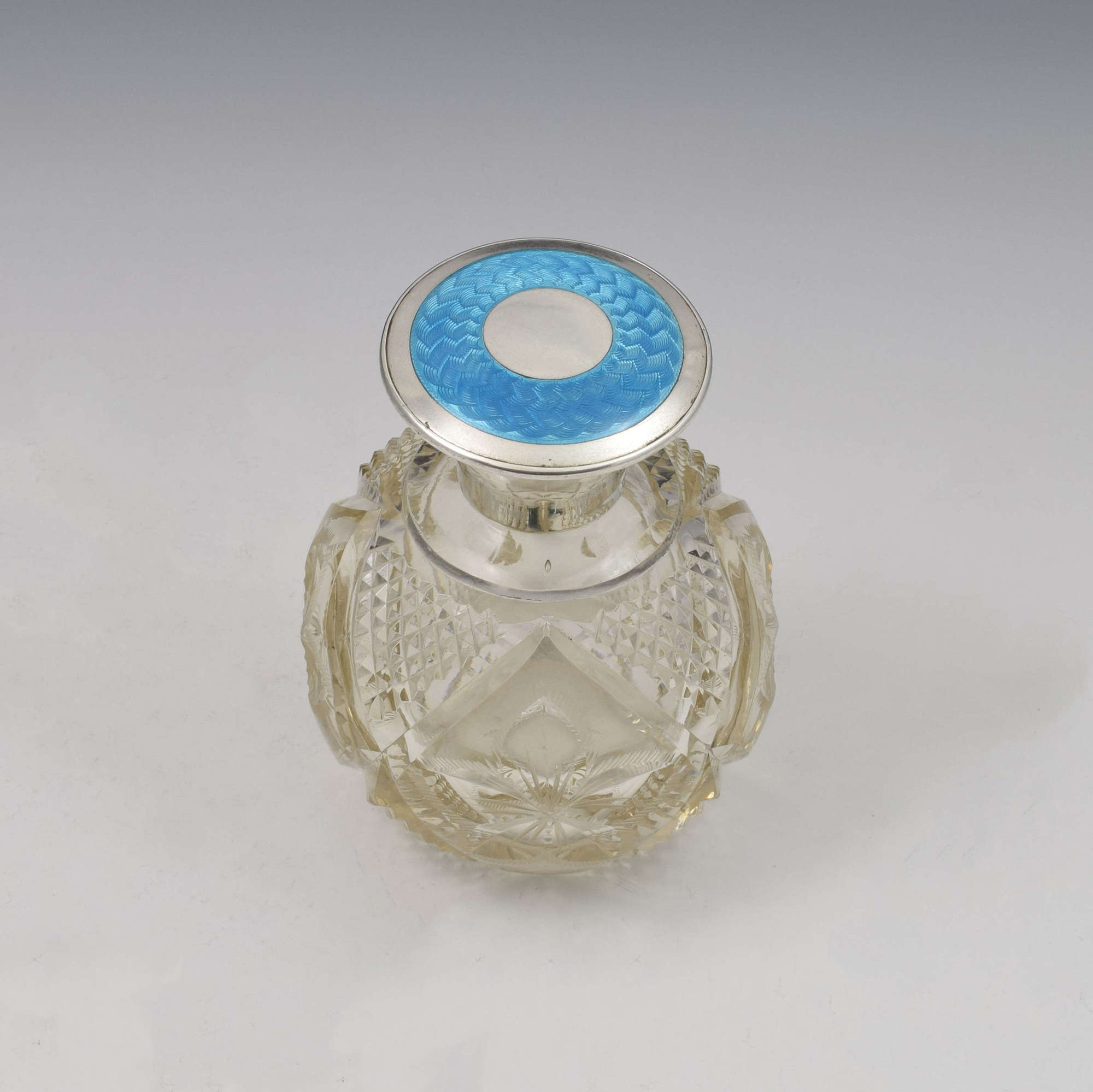 Fine Turquoise Guilloche Enamel & Silver Cut Glass Scent Bottle