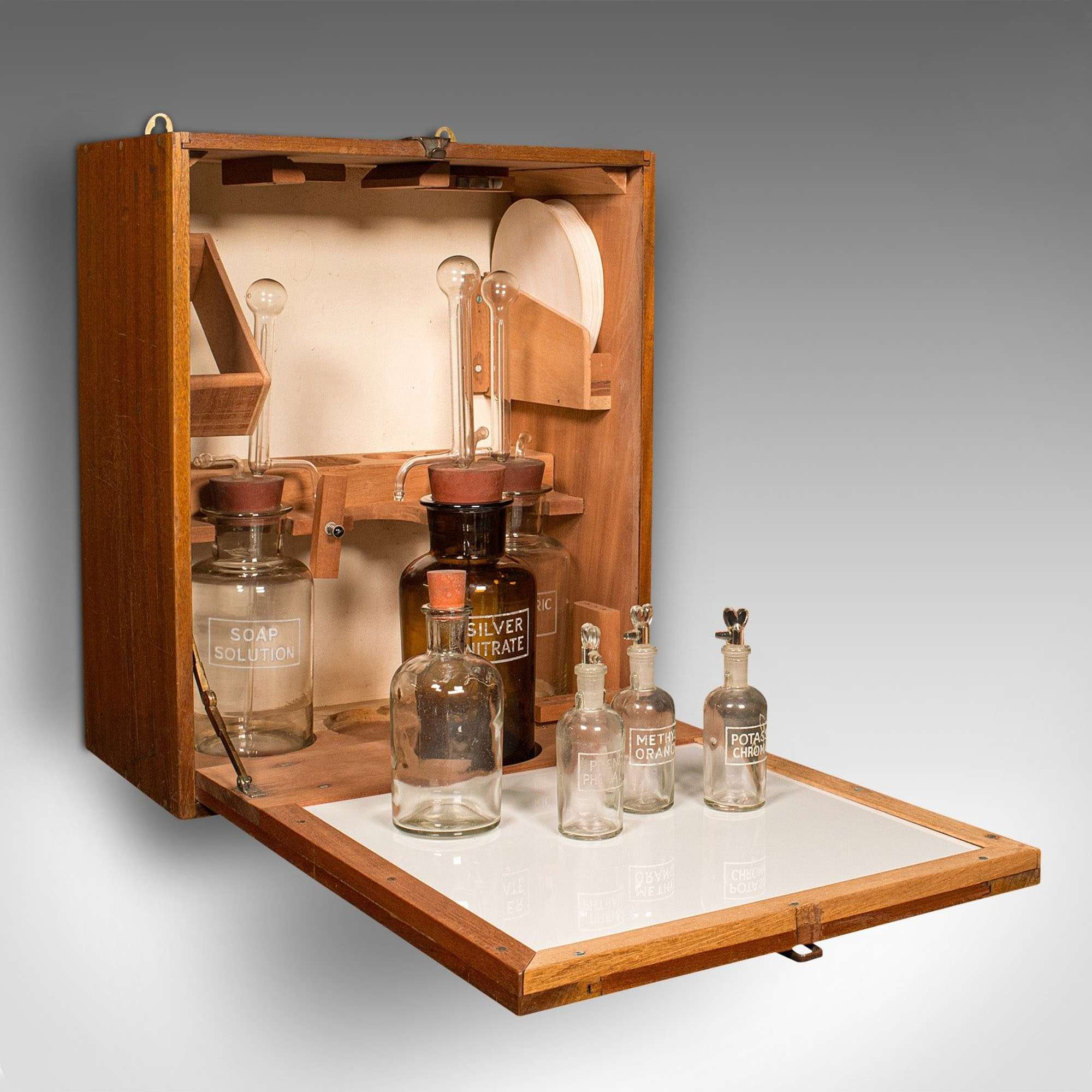 Vintage Chemist's Dispensing Cabinet, English, Walnut, Apothecary Set, C.1950