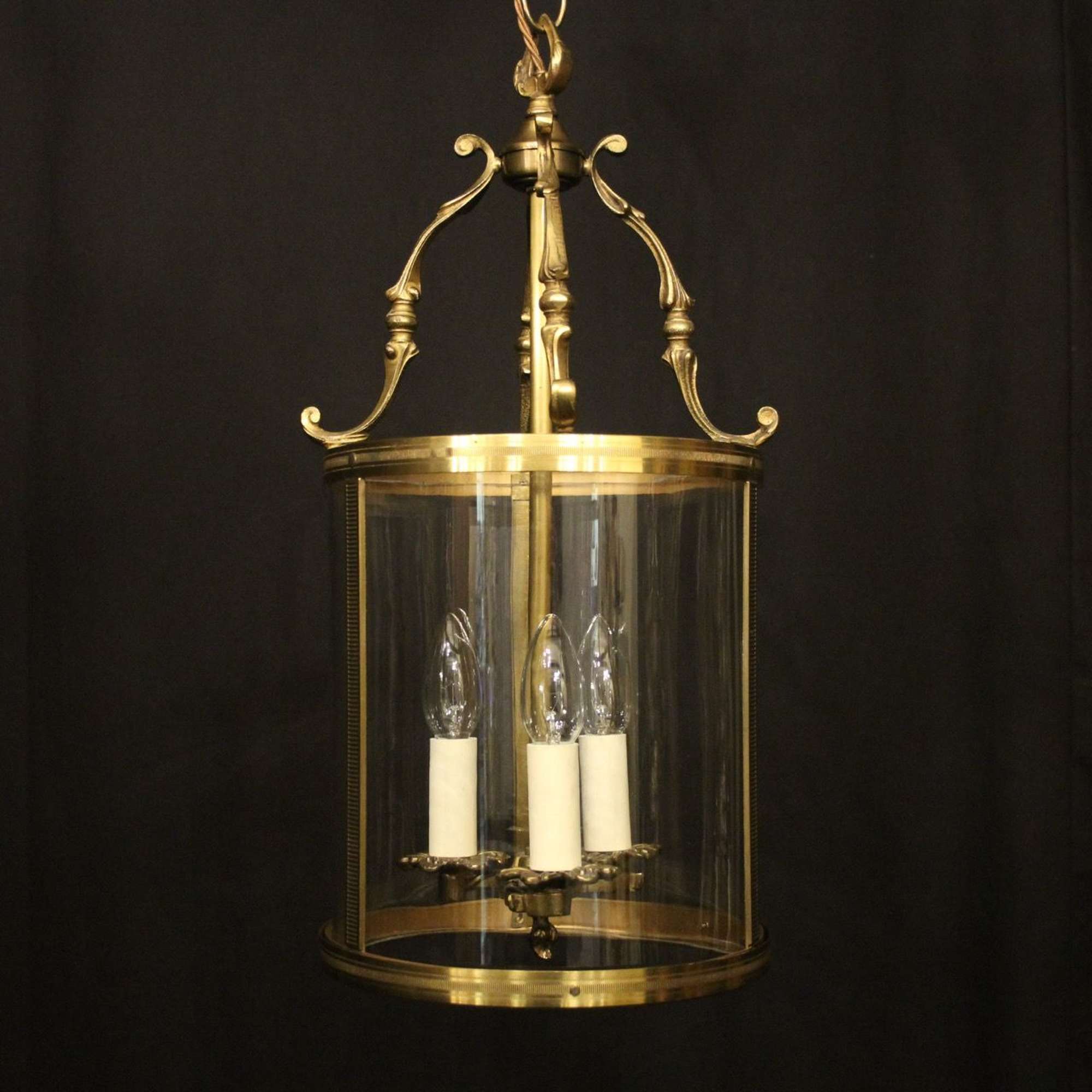 French Gilded Brass Triple Light Antique Lantern