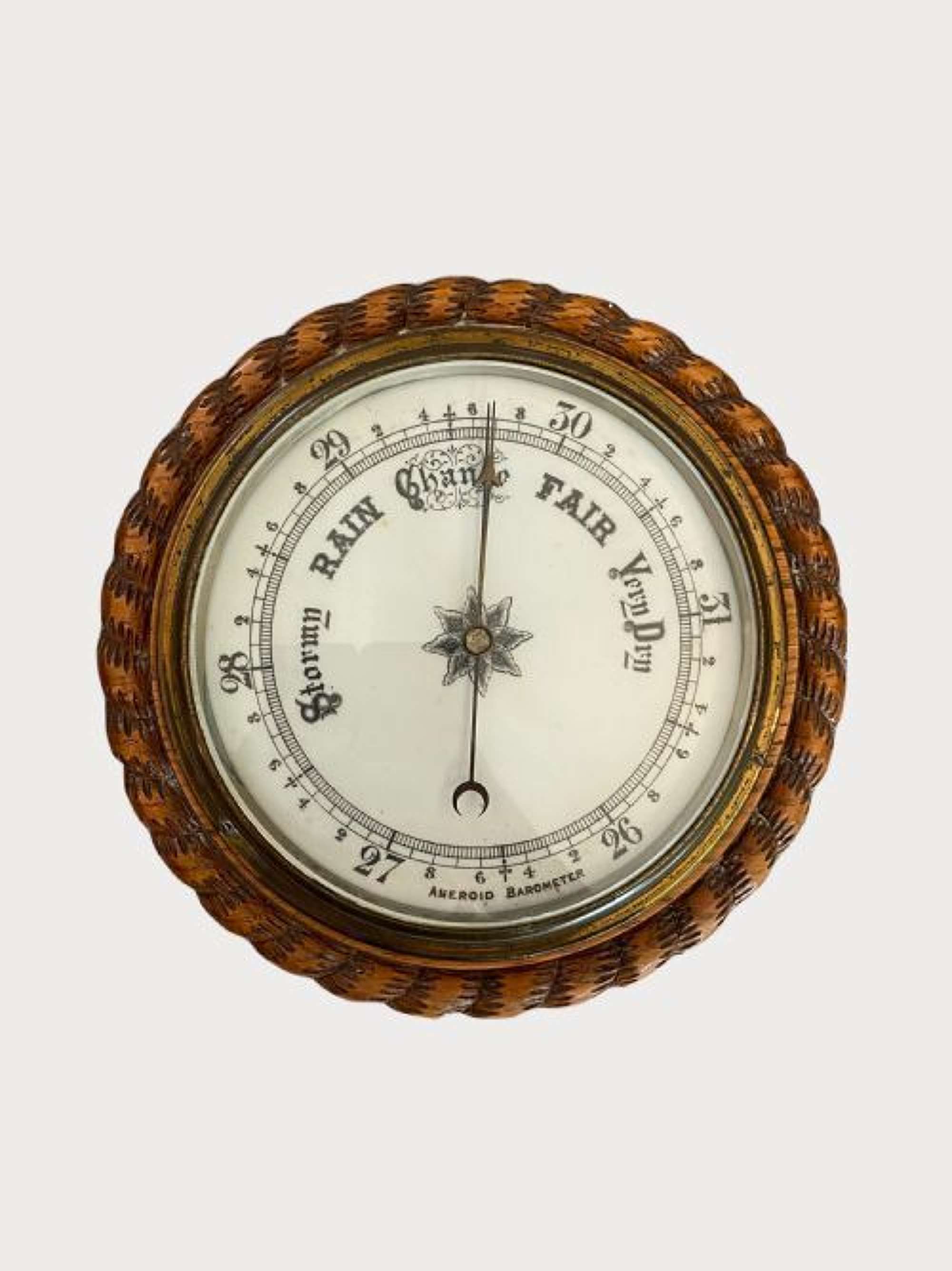 Antique Circular Quality Carved Oak Barometer