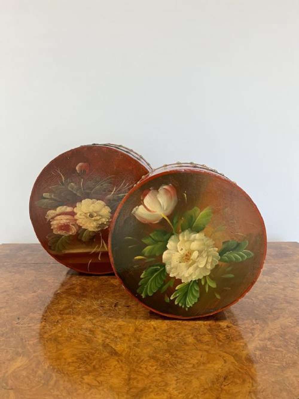 Unusual Antique Pair Of Hand Painted Circular Storage Boxes