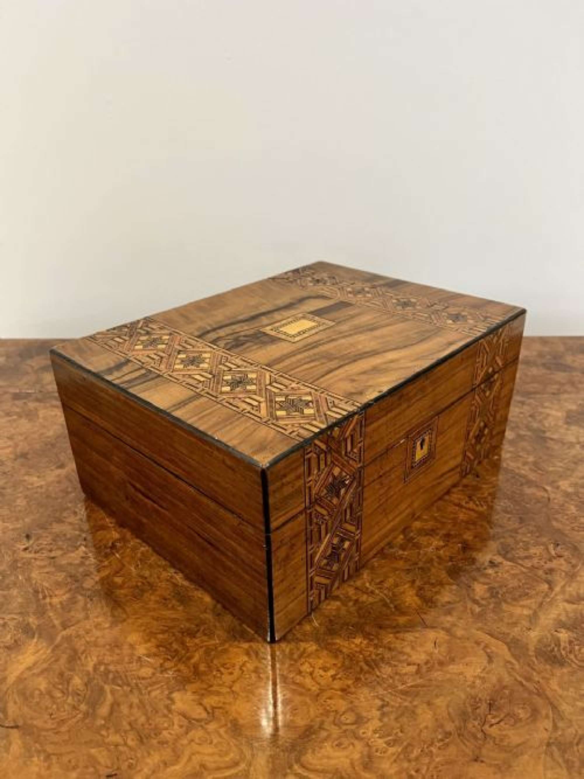 Antique Victorian Burr Walnut Tunbridgeware Inlaid Work Box