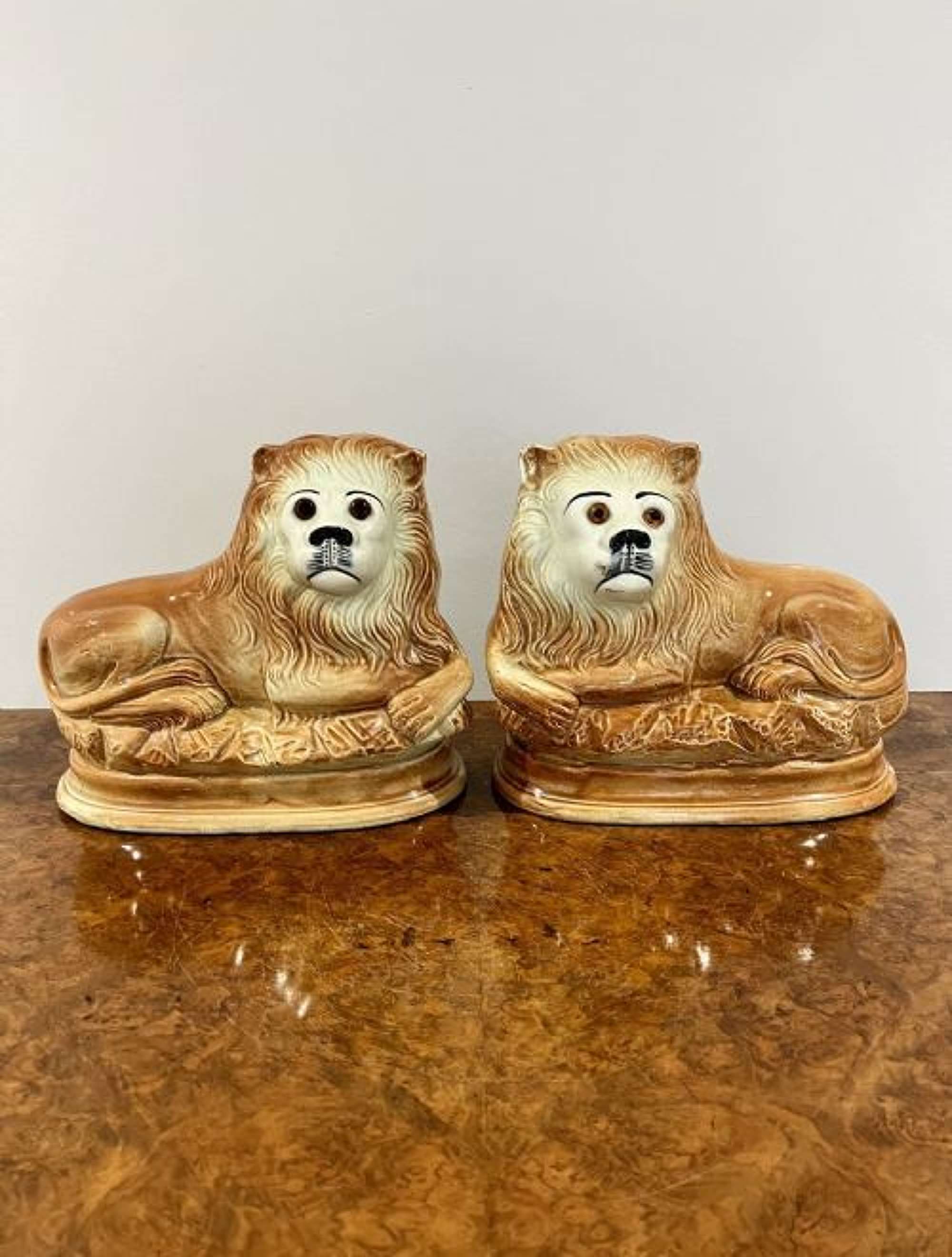 Pair Of Antique Victorian Staffordshire Lions