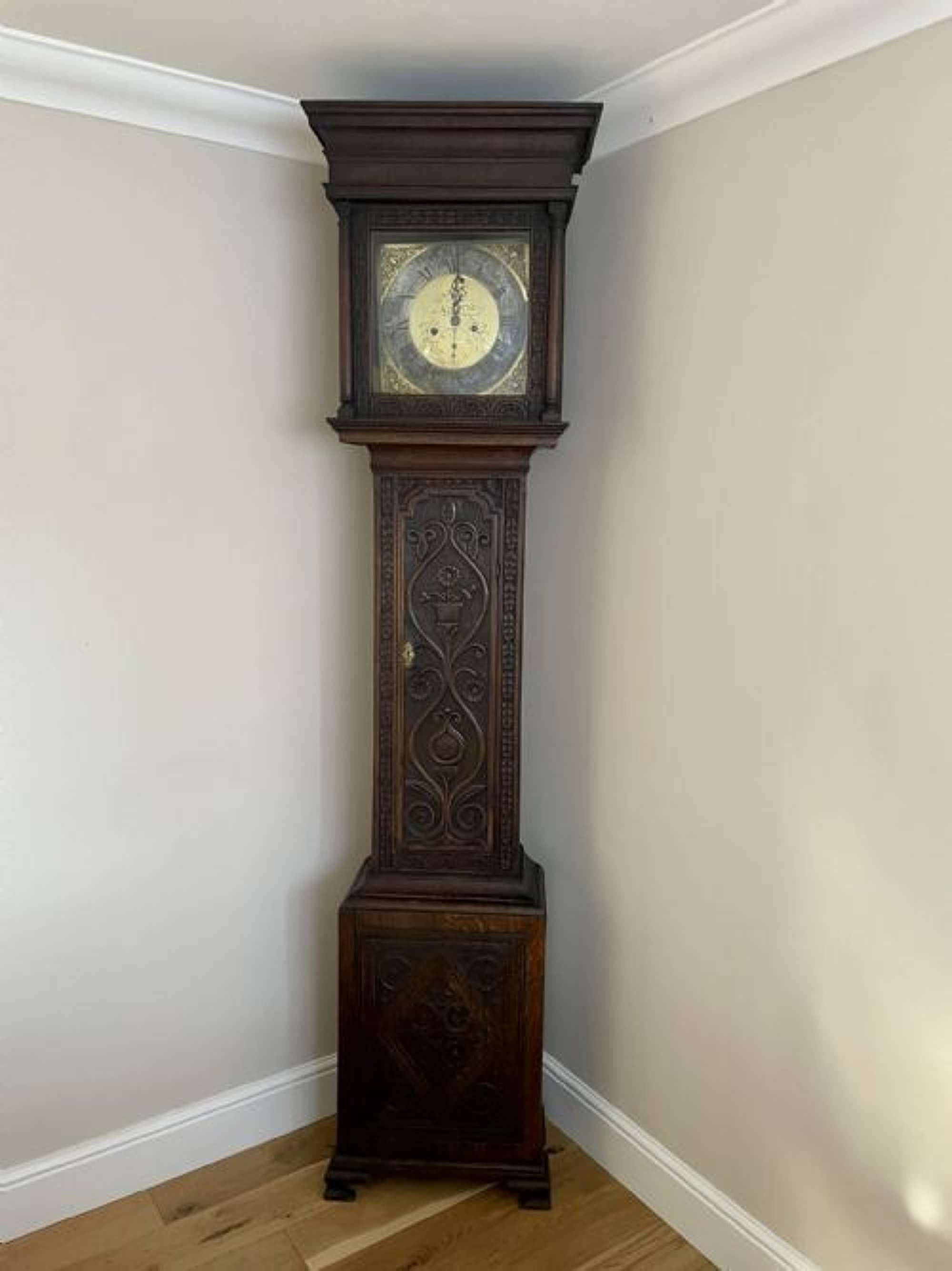 Quality Antique George Iii Carved Oak Brass Face Longcase Clock