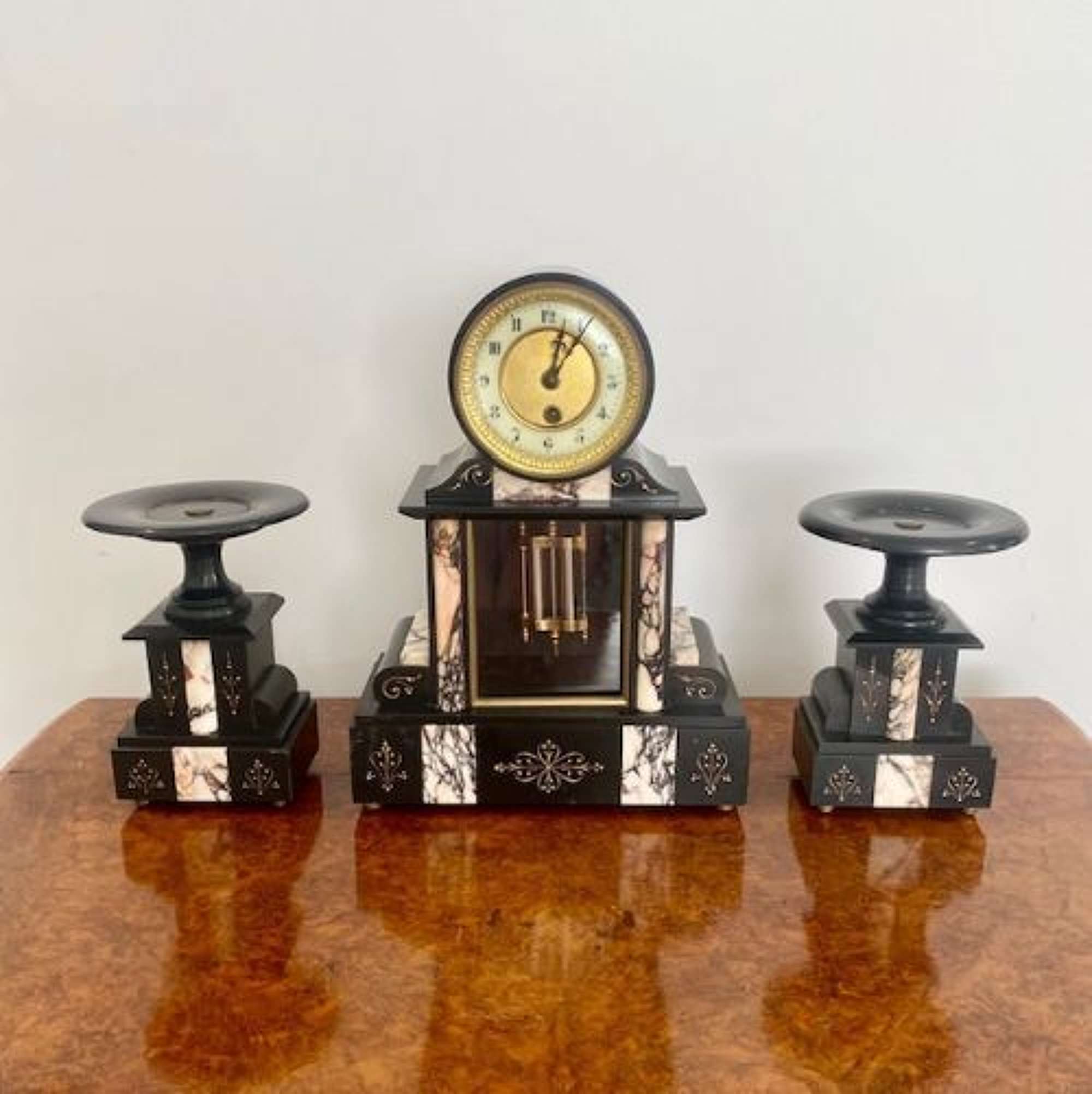 Quality Antique Victorian Black Marble Clock Garniture