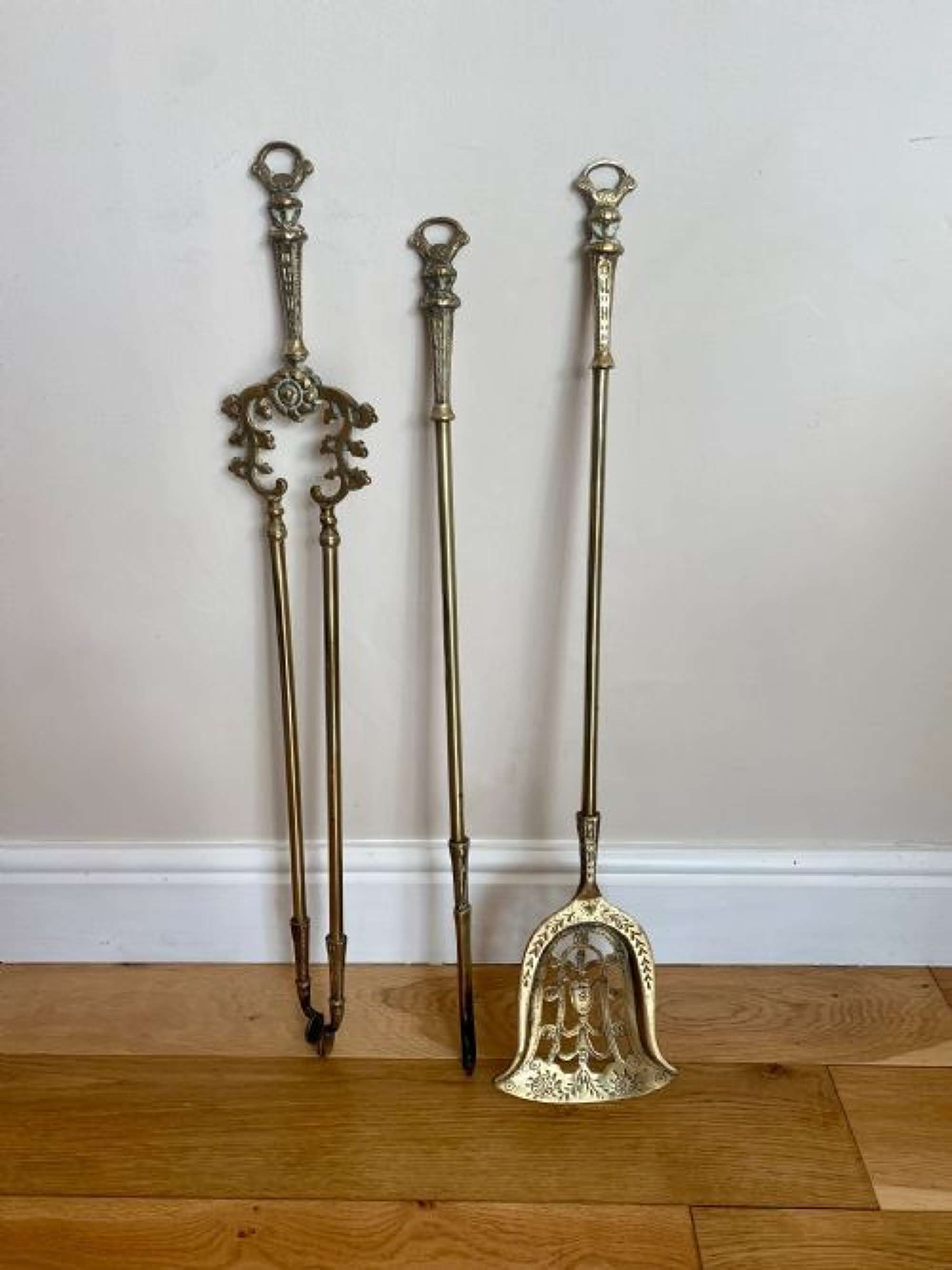 Set Of Antique Victorian Quality Ornate Brass Fire Irons