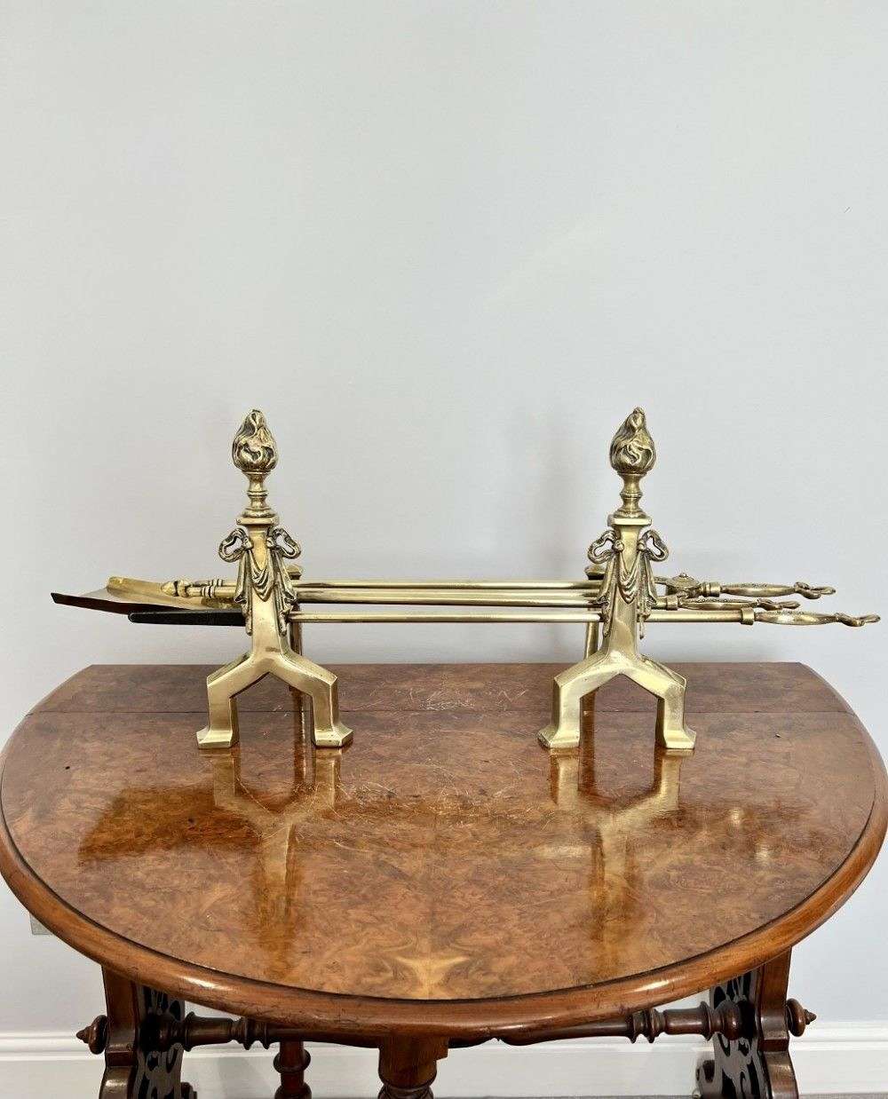 Antique Victorian Quality Brass Fire Irons And Fire Dogs