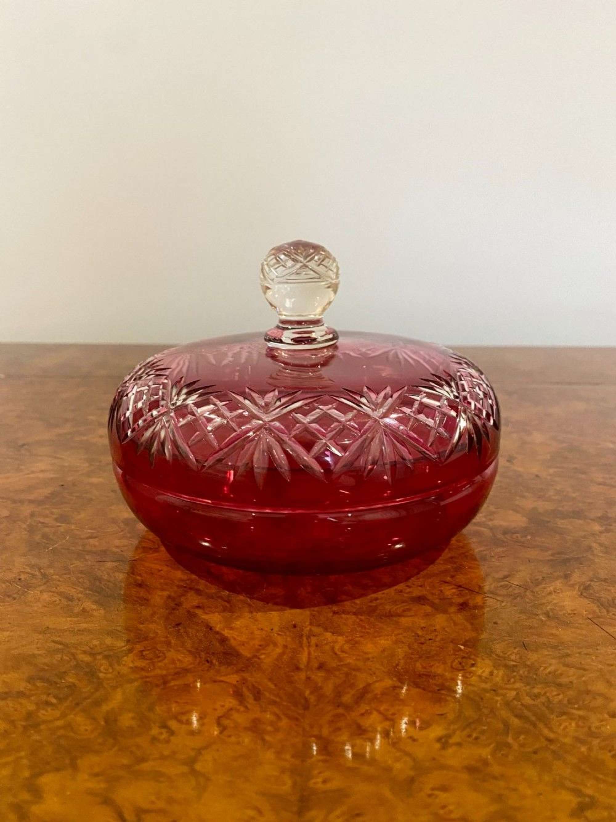 Antique Victorian Quality Cut Cranberry Glass Lidded Bowl