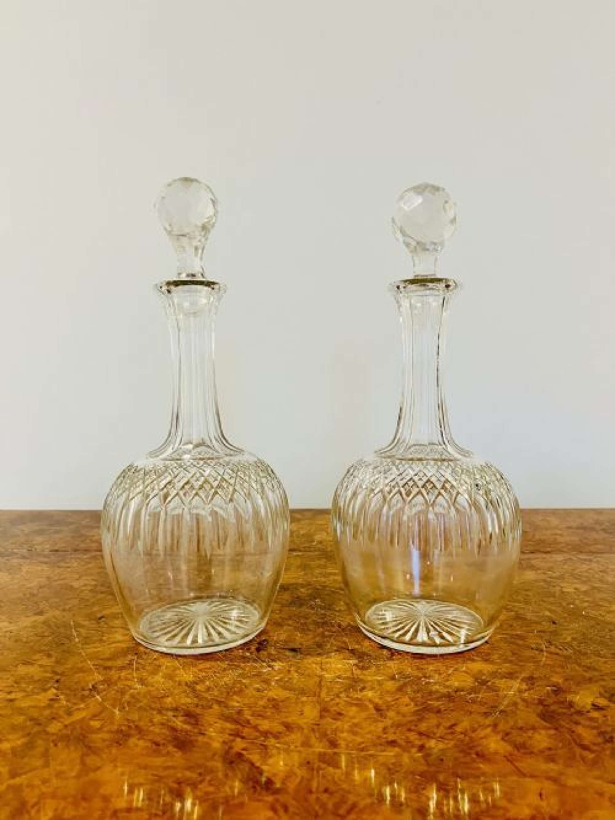 Pair Of Antique Edwardian Cut Glass Decanters