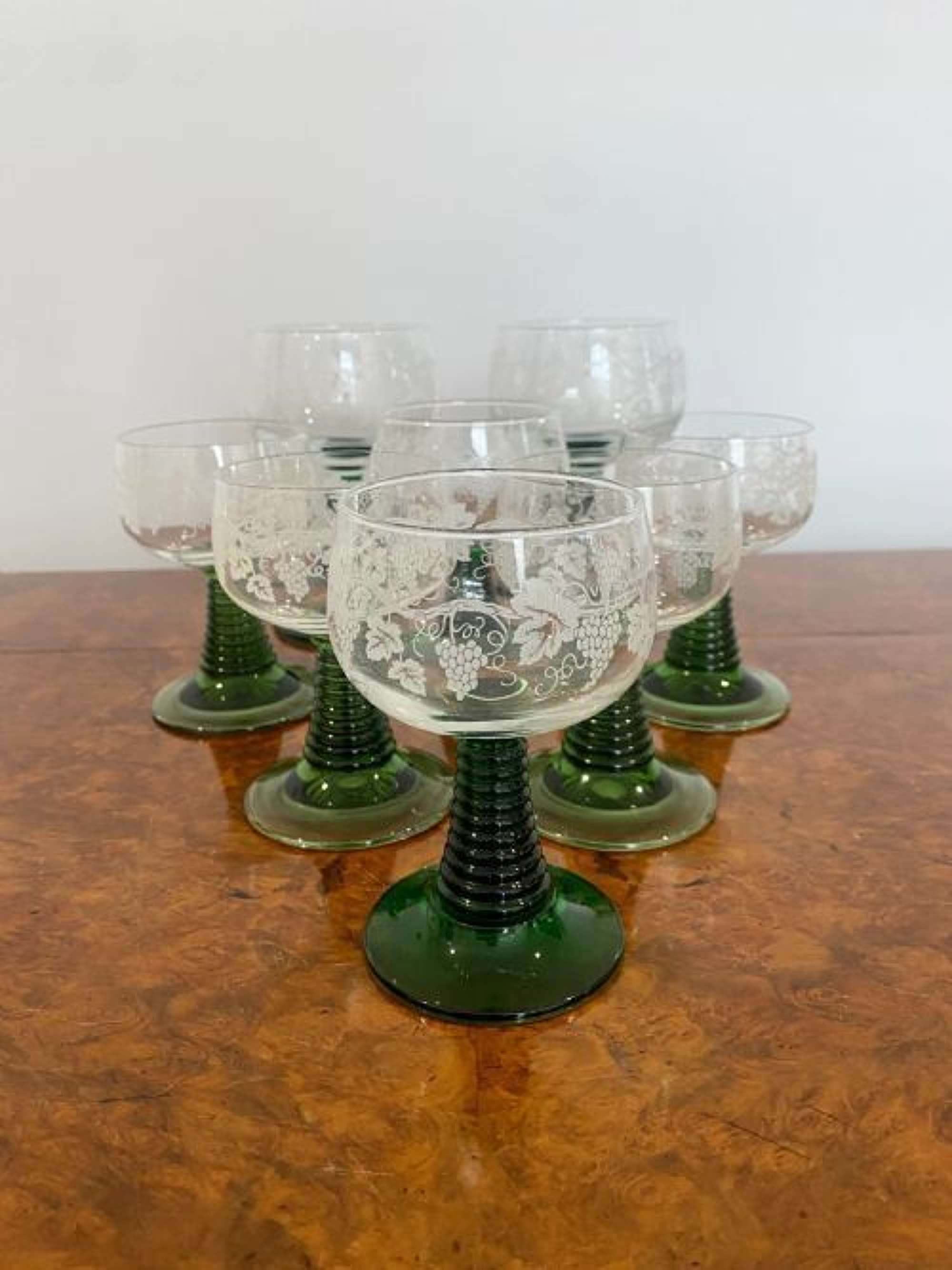 Set Of Eight Engraved Antique Wine Glasses