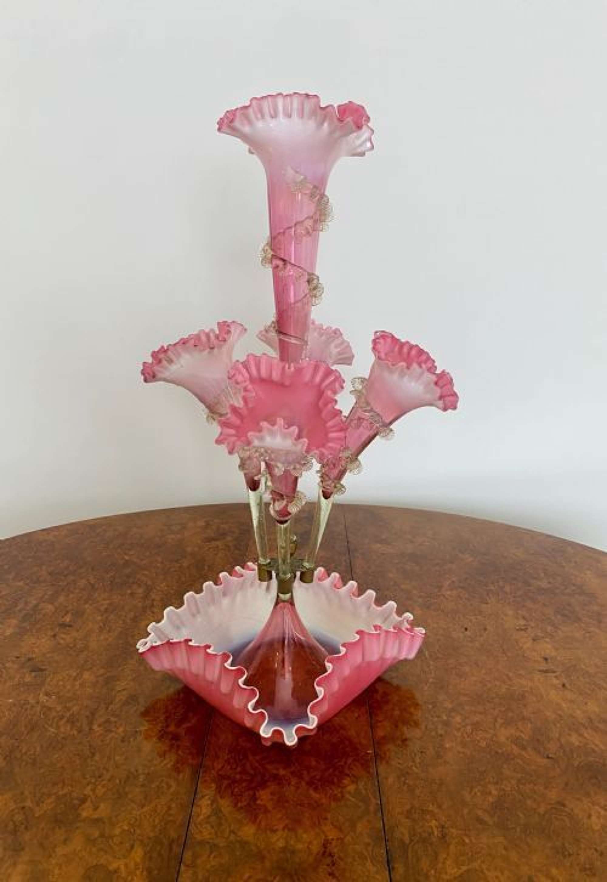 Large Antique Victorian Quality Pink Vaseline Glass Epergne