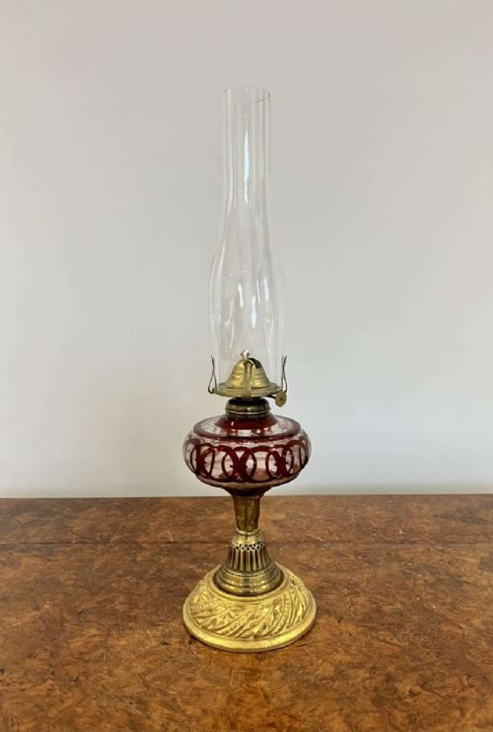Antique Victorian Brass And Glass Oil Lamp